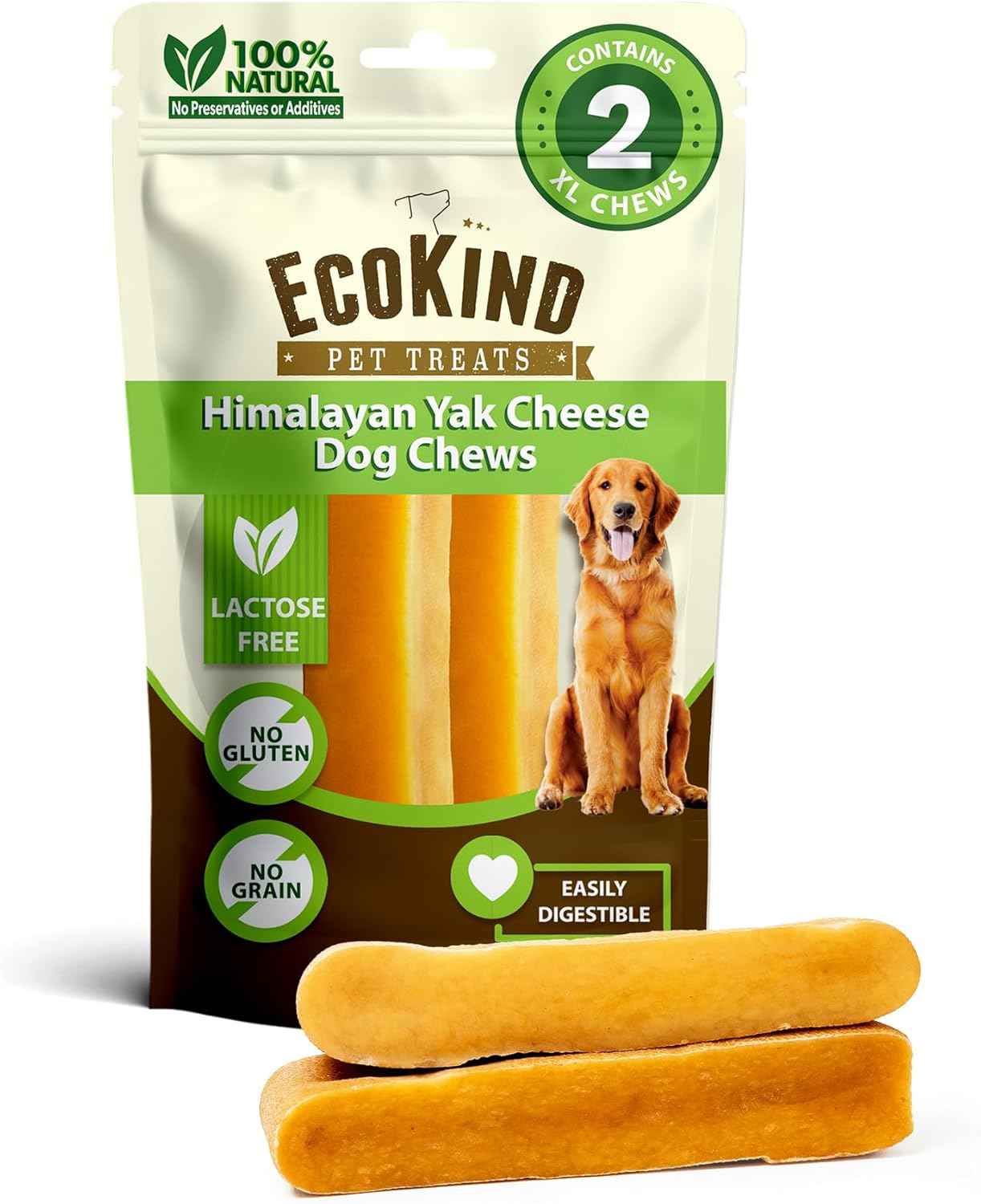 EcoKind Premium Gold Yak Cheese Himalayan Dog Chews, Dog Treats Large Breed, All Natural, High Protein, for Aggressive Chewers, Large - 4 Chews (1 lb)