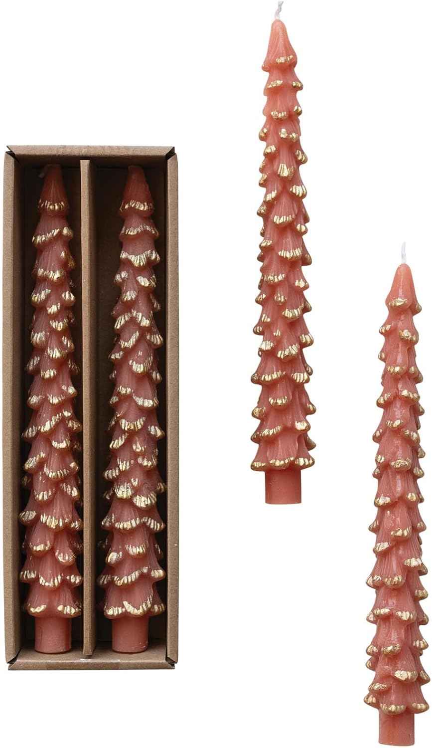 Creative Co-Op Unscented Tree Shaped Taper Candles, Evergreen, Boxed Set Of 2