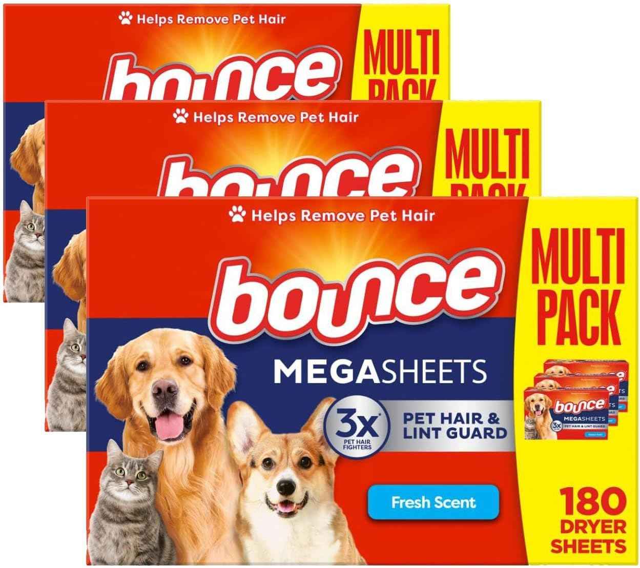 Bounce Pet Hair and Lint Guard Mega Fabric Softener Dryer Sheets with 3X Pet Hair Fighters, Fresh Scent, 180 Count, Bounce Dryer Sheets, Laundry Sheets, Mega Sheet
