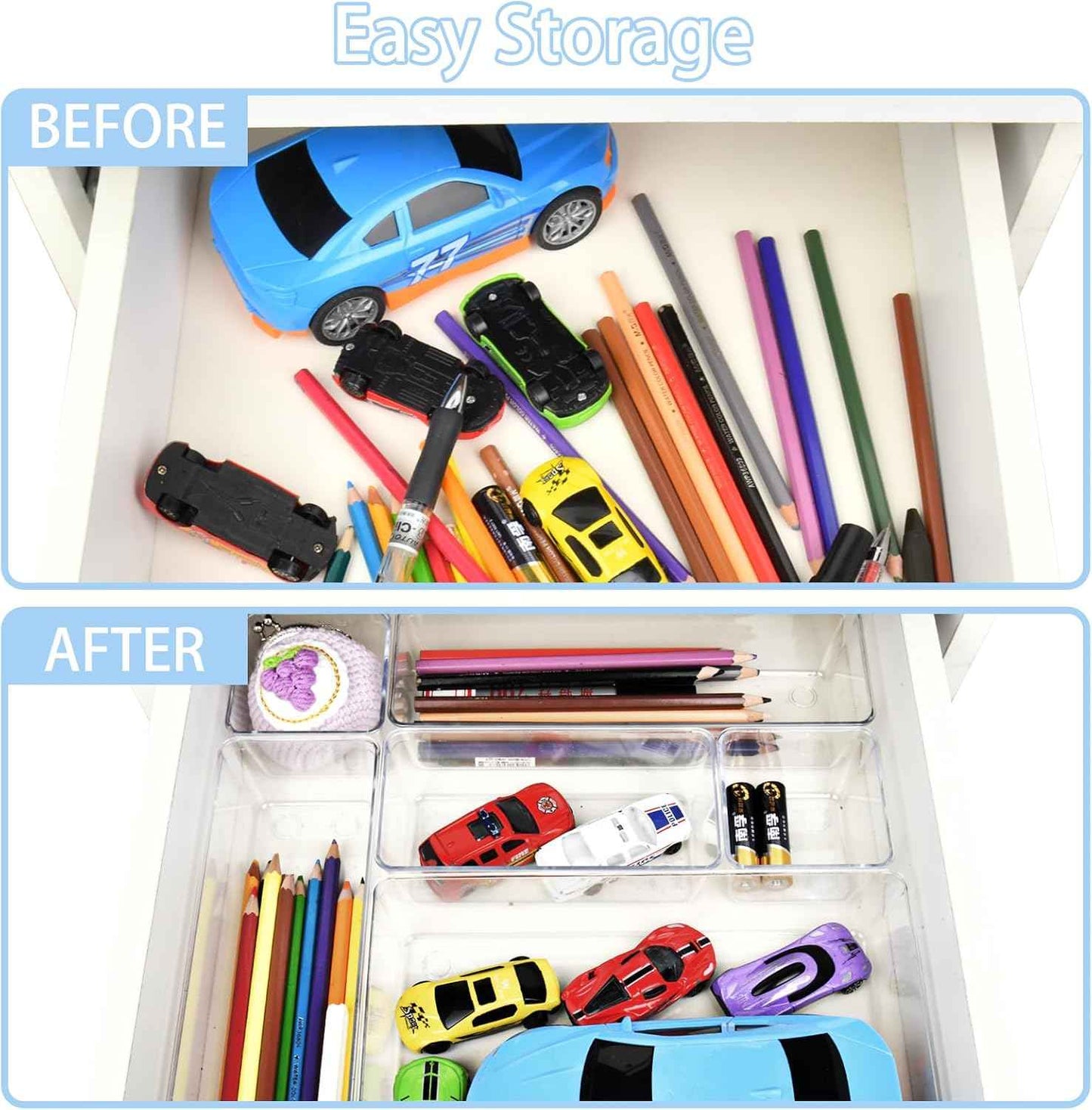 Drawer Organizer Set of 15, 4 Sizes Clear Plastic for Kitchen, Bathroom, Office, Dresser Desk Organizers