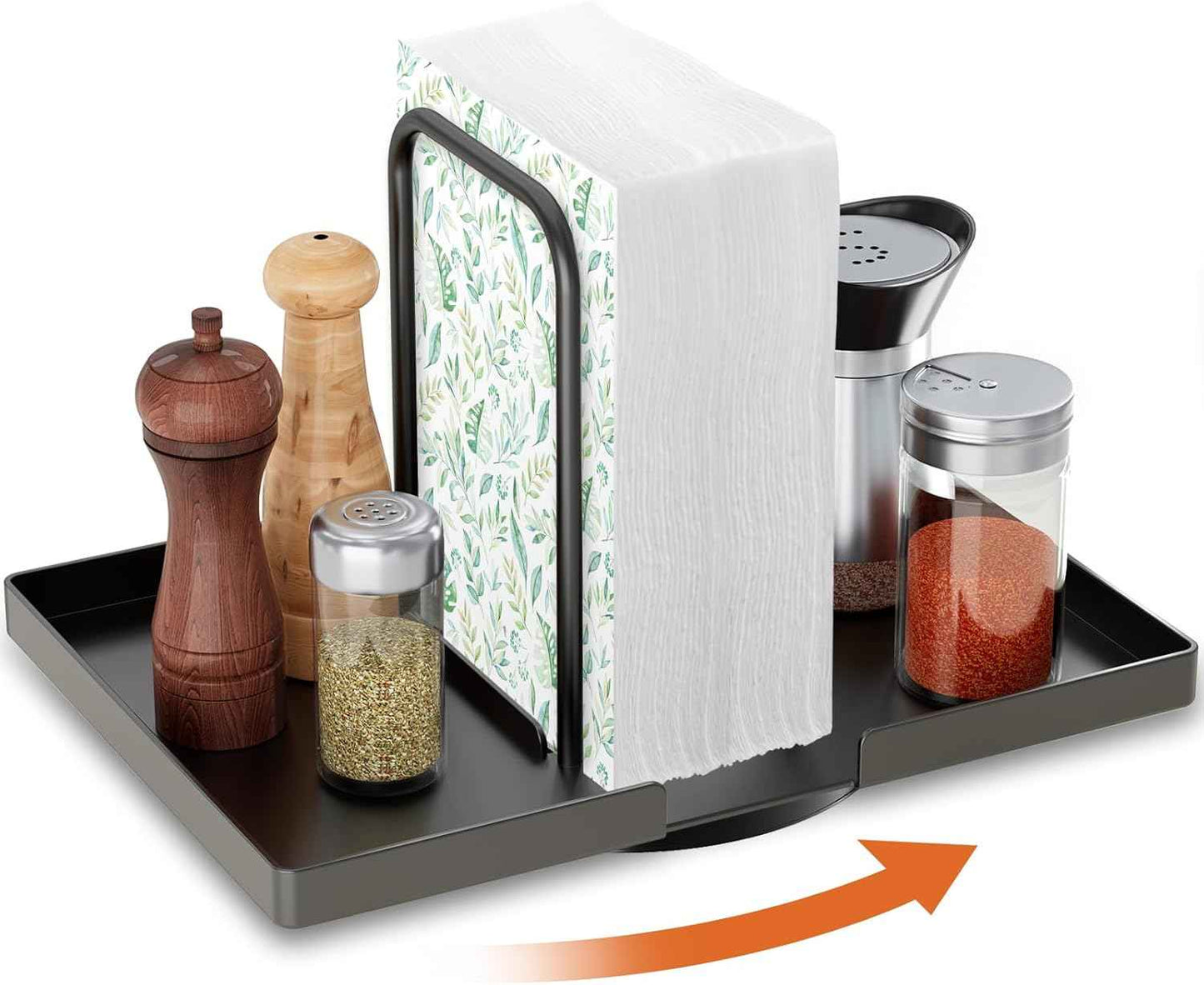 Napkin Holder for Table, Rotating Metal Napkin Dispenser with Salt and Pepper Shakers Caddy Standing Paper Towel Holder for Bathroom Kitchen Dining Table Decor Not Including Shakers