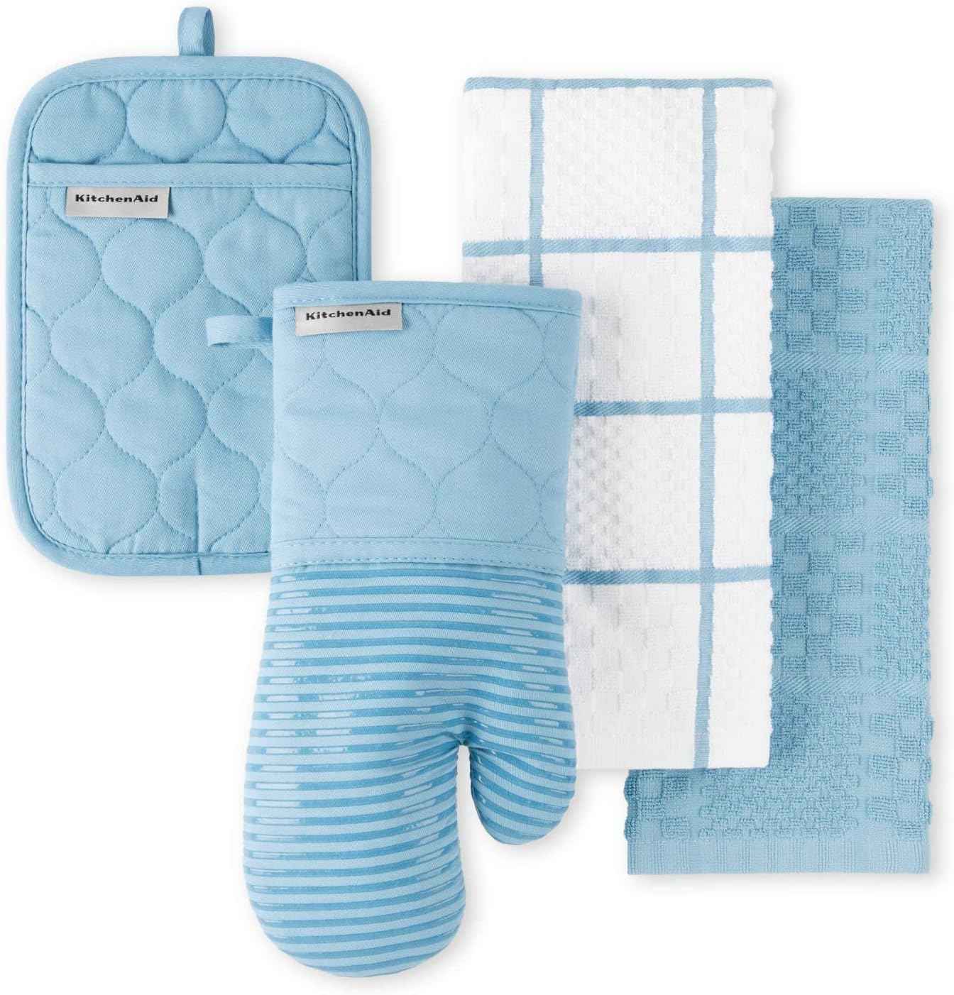 KITCHENAID Quilted Cotton Terry Cloth Oven Mitt, Pot Holder, Kitchen Towel 4-Pack Set, Heat Resistant, Silicone Grip, 16"x26", 7"x13" & 7"x10", Milkshake