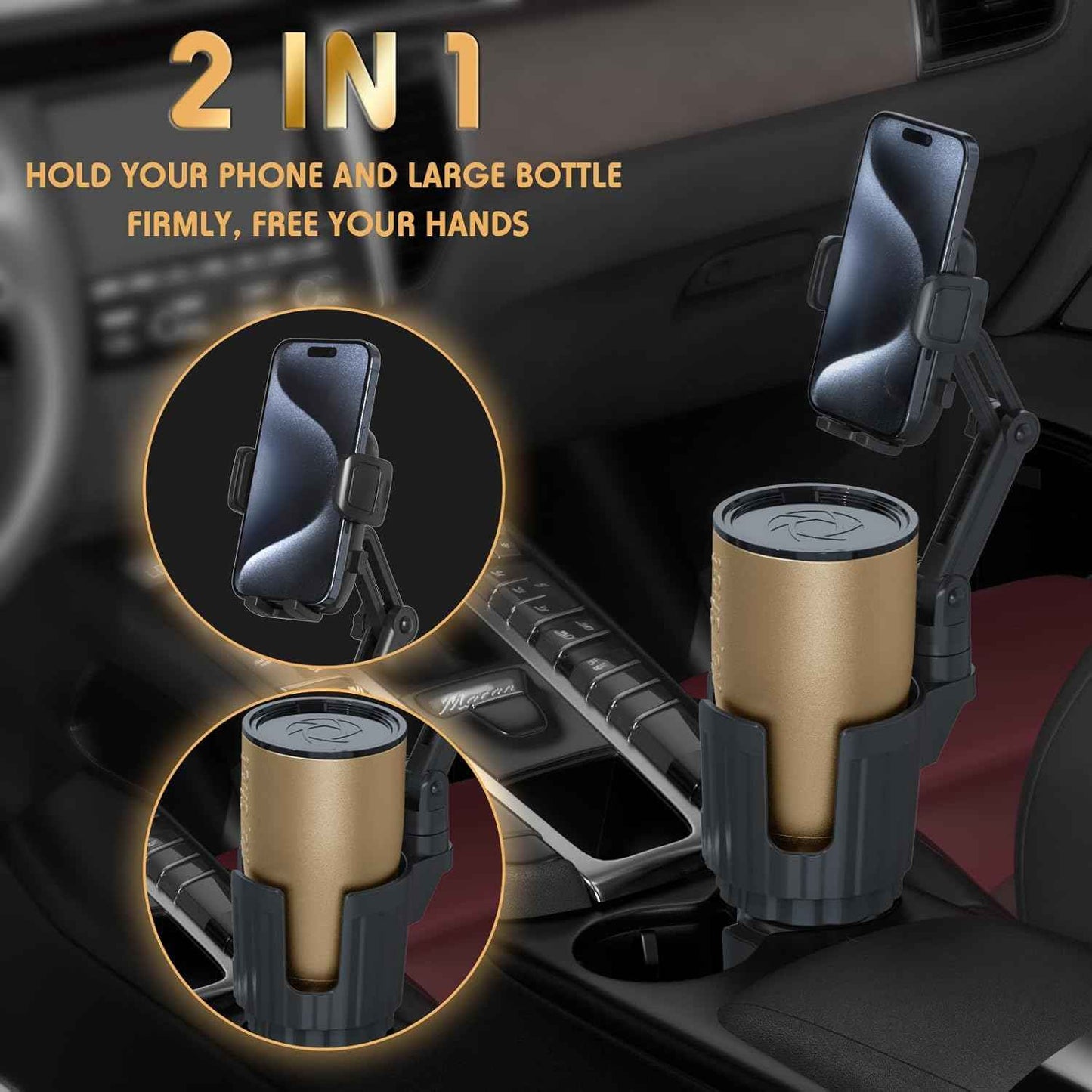 Phone Holders for Your Car, 2 in 1 Universal Cup Holder Expander Adjustable Base with Phone Mount, Long Arm with 360Β°Rotation Cup Holder Phones Mount for Car Compatible with All Smartphones