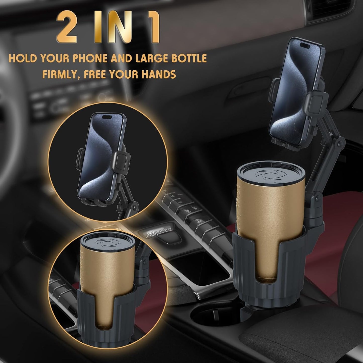 2-in-1 universal car cup holder phone mount with 360° rotation adjustable grip fits most vehicles