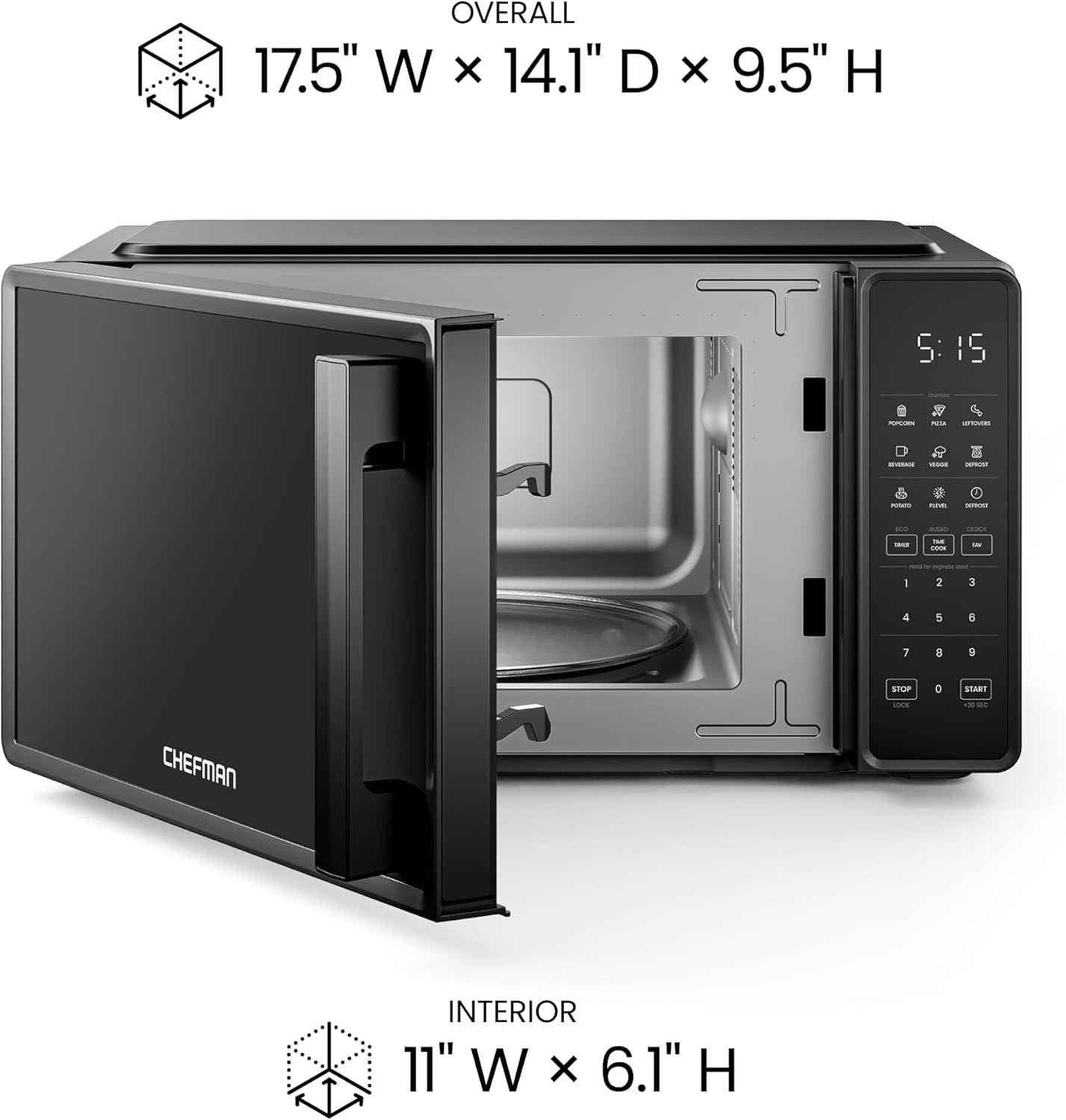 Chefman Countertop Microwave Oven 0.7 Cu. Ft., 700 Watts with 10 Power Levels, 6 Cooking Presets with One-Touch Express Cook, Eco Mode, Child Safety Lock, & Mute Button - Black