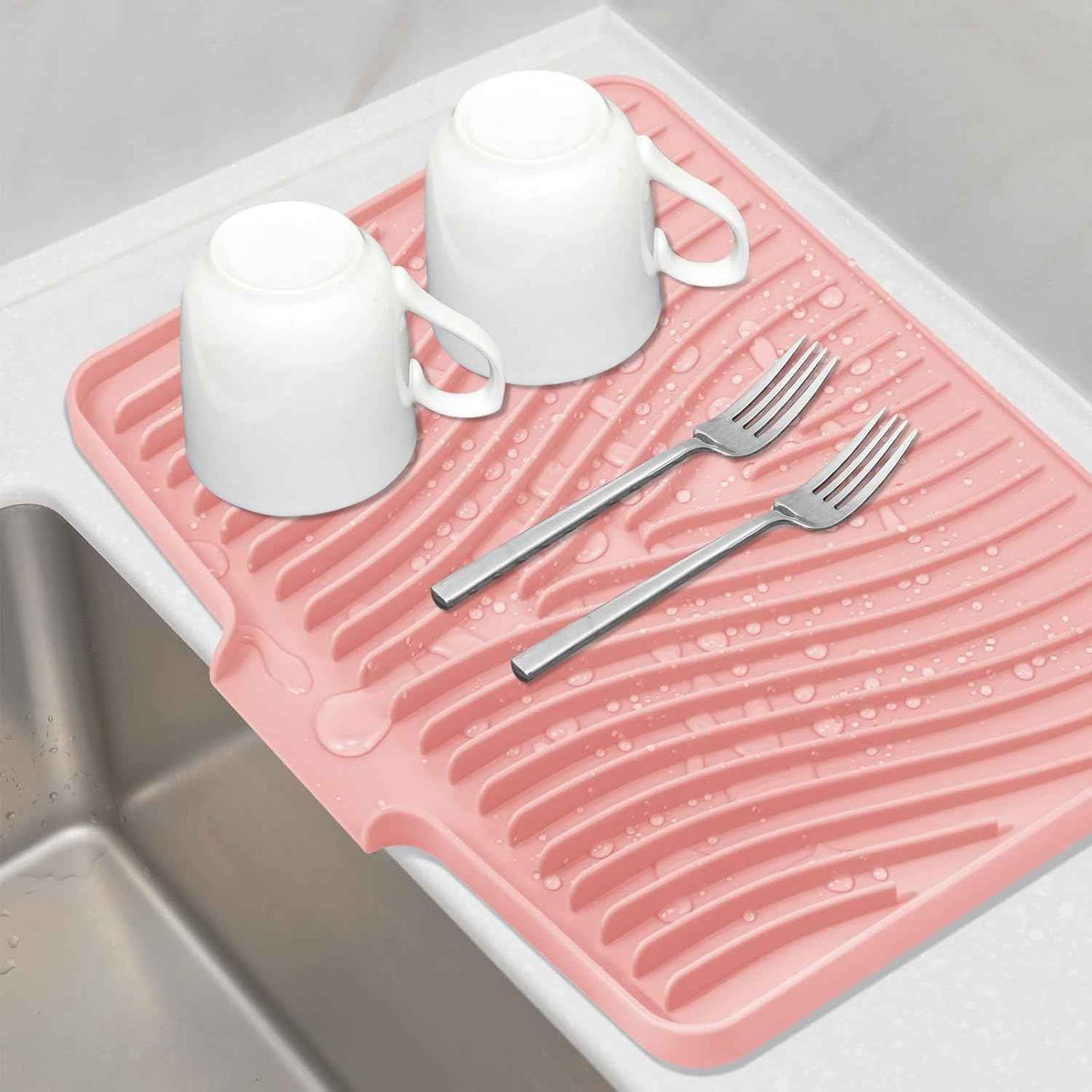 Silicone Dish Drying Mat for Kitchen Counter, Dish Drying Pad, Non-Slip Drain Pad with Built-in Drain, Heat Resistant Stone Drying Mat(15.8" x 13", Grey)