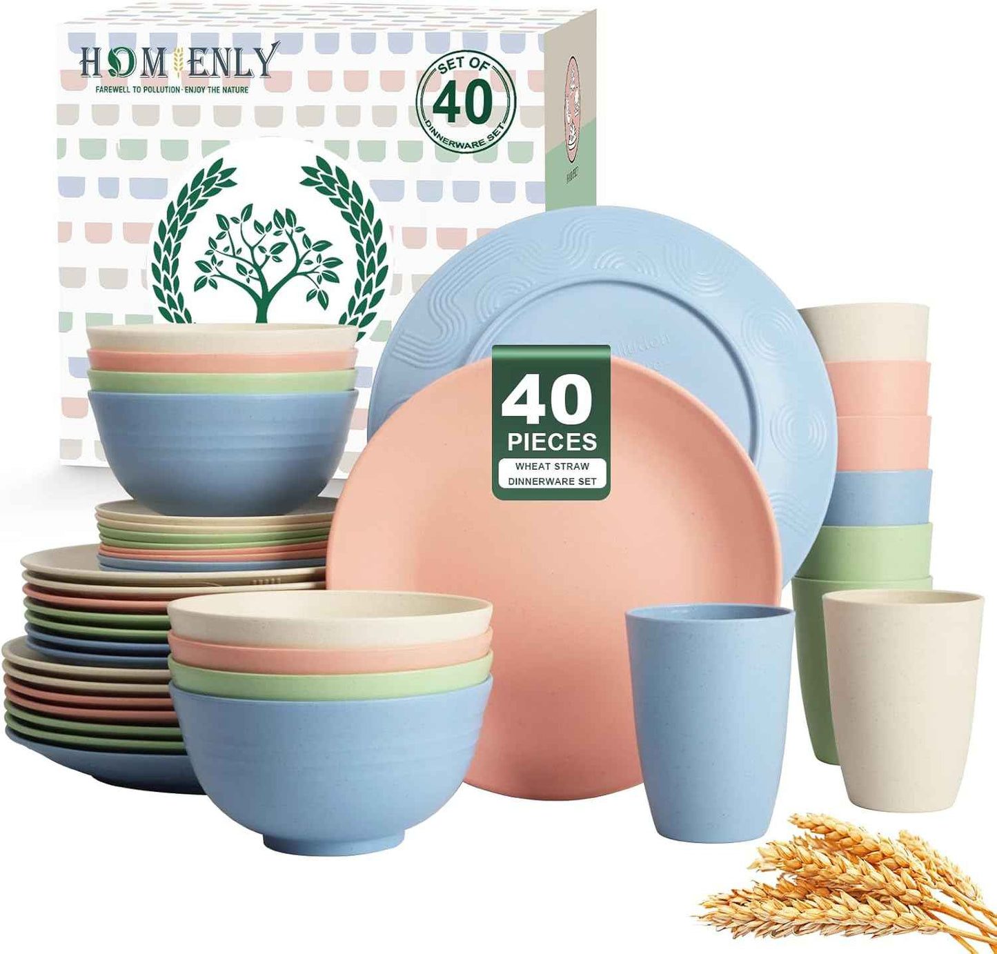 Homienly 40-Piece Premium Wheat Straw Dinnerware Sets, Service for 8, Unbreakable Plates and Bowls Set - Cups Sets, Dinner Plates, Bowls for Kitchen,Dishwasher and Microwave Safe Dishes Set - Multi