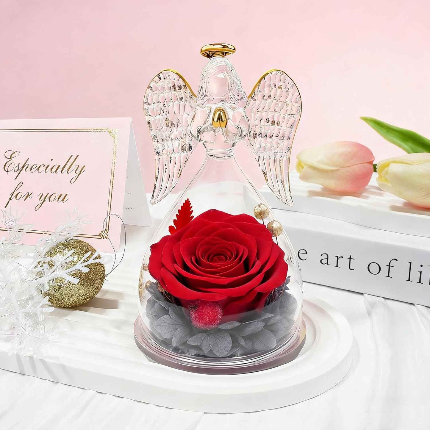 Sunia Valentines Day Rose Gifts for Women, Birthday Gifts for Mom Grandma, Forever Preserved Flower in Glass Angel Figurines Flowers for Delivery Prime, Mothers Day Real Roses for Her Wife