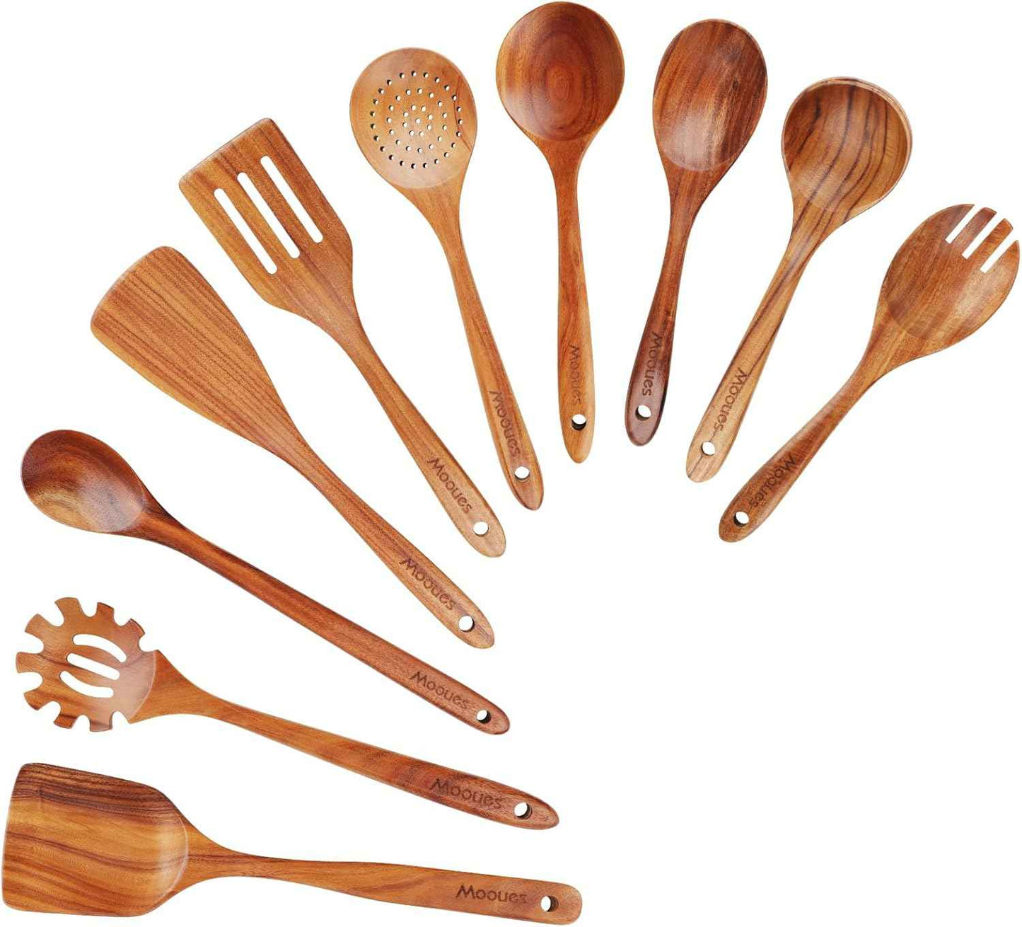 9 Piece Natural Teak Wooden Kitchen Utensil Set with Spoon Rest - Comfort Grip Cooking Spoons and Utensils Holder