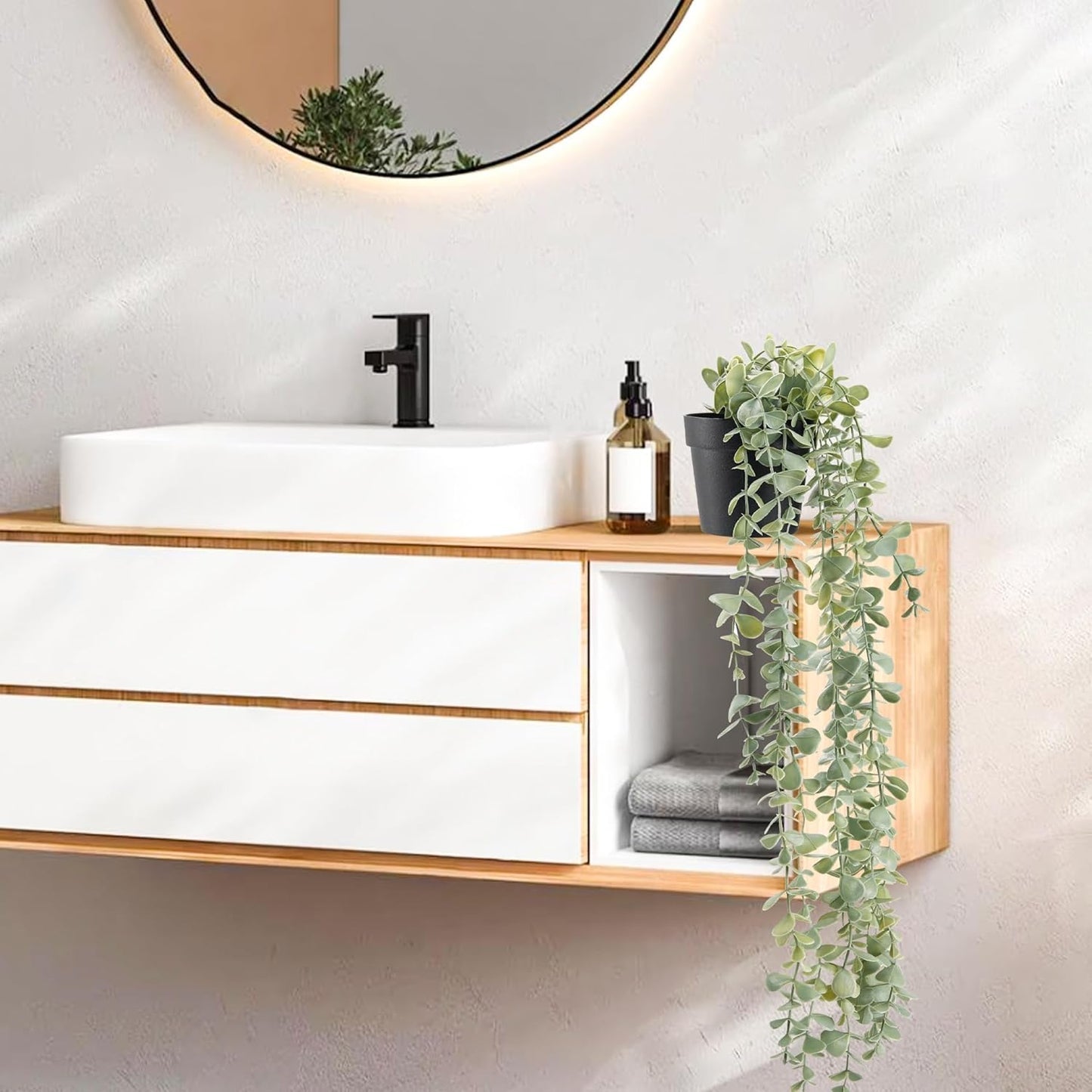 Der Rose 1Pcs Fake Plants Hanging Artificial Potted Faux Eucalyptus Plants for Vintage Boho Farmhouse Bathroom Office Desk Wall Book Shelf Room Accessories Decor Indoor - Rayz Mart