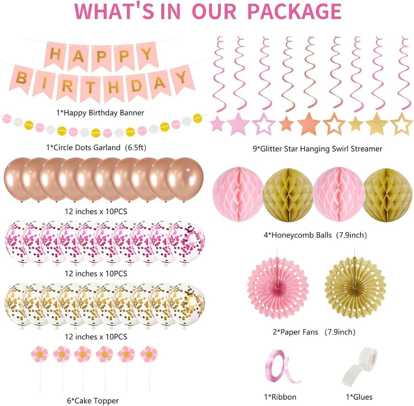 65Pcs Birthday Decorations Happy Birthday Banner Pink Rose Gold Balloons Honeycomb Ball Paper Fans Dots Garland Hanging Swirls Birthday Party Decor for Girls Women Princess