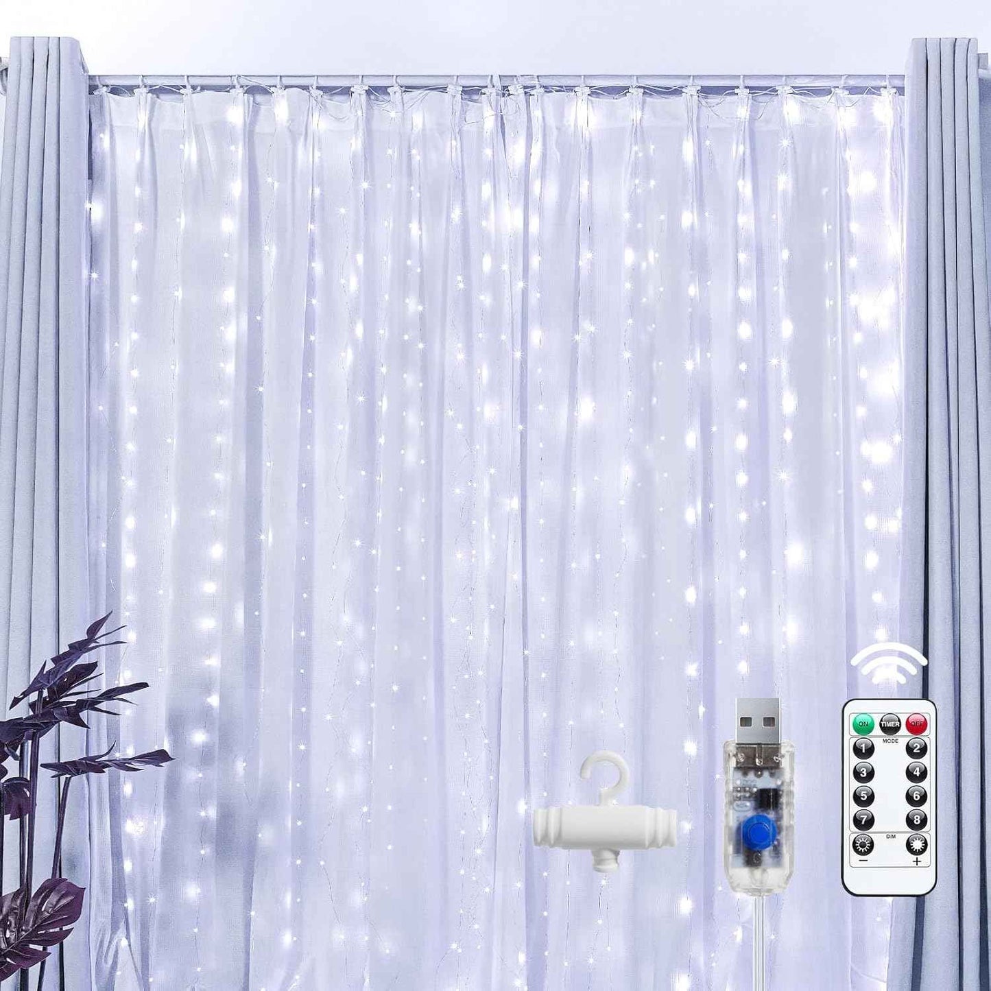 Brightown 300 LED Fairy Curtain Lights, 9.8ft x 9.8ft Warm White Curtain String Lights, USB Plug in 8 Lighting Modes Christmas Decoration, Hanging Lights with Remote for Bedroom Indoor Weddings Dorm
