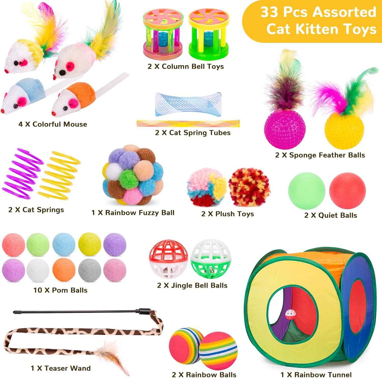 Retro Shaw Cat Toys Pack 33Pcs, Interactive Kitten Toys for Indoor Cats Kitty with Collapsible Play Tunnel Tube Tent Feather Wand Teaser Bell Fuzzy Ball Springs Mouse Toy