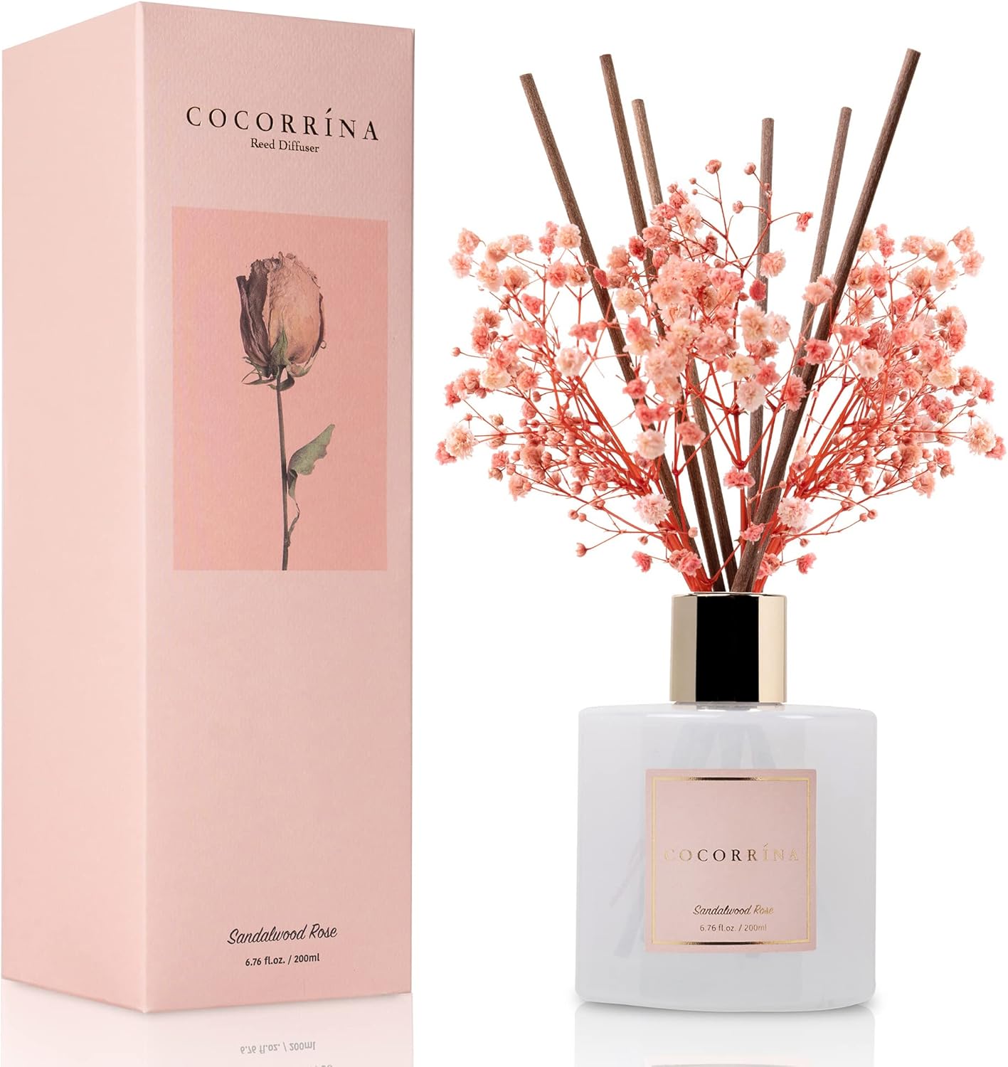 Cocorrína Premium Reed Diffuser Set with Preserved Baby's Breath & Cotton Stick Cashmere Vanilla | 6.7 fl oz Scent Fragrance Oil Diffuser for Bedroom Bathroom Home Décor