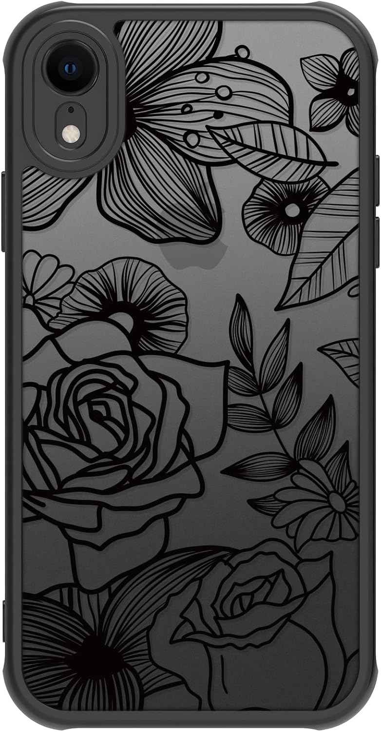 Girly Flower Case Compatible with iPhone 17 Pro Max, Cute Rose Aesthetic Black Line Art Floral Pattern Print, Anti Fingerprint PC Heavy Duty Protection Cases Cover for Girls Women