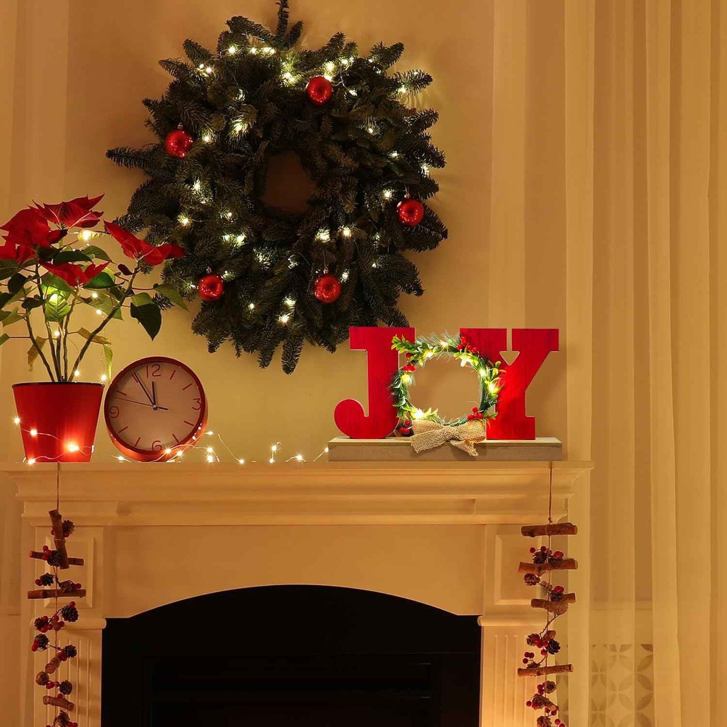 Christmas Decorations for Home LED Lighted JOY Decor Farmhouse Wooden Wreath Tabletop Merry Christmas Signs Rustic Holiday Block cIndoor Decorative Sign