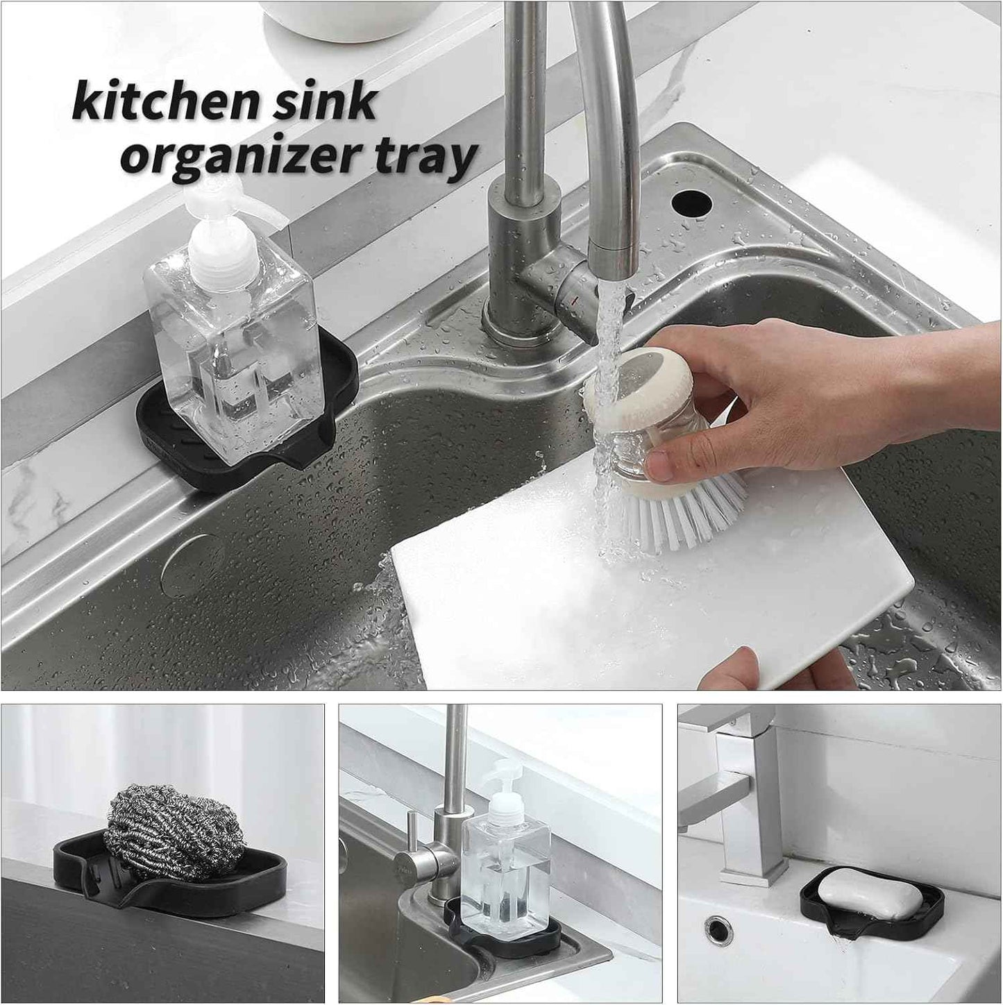 Silicone Bathroom Soap Dishes with Drain Spout-Bathroom and Kitchen Sink Organizer,Sponge Holder,Dish Soap Tray,Perfect for Dispenser,Scrubber,Bottle,Cup on Sink or Counter-Black 4.9"Γ3.2"