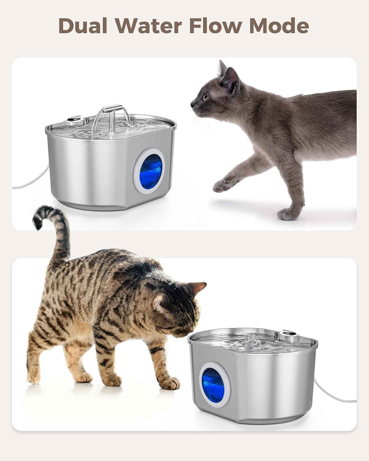 Cat Water Fountain Stainless Steel - Pet Drinking Fountain for Cats Indoor - 2.2L/74oz Automatic Water Dispenser with Watering Level Window (1 Filter)