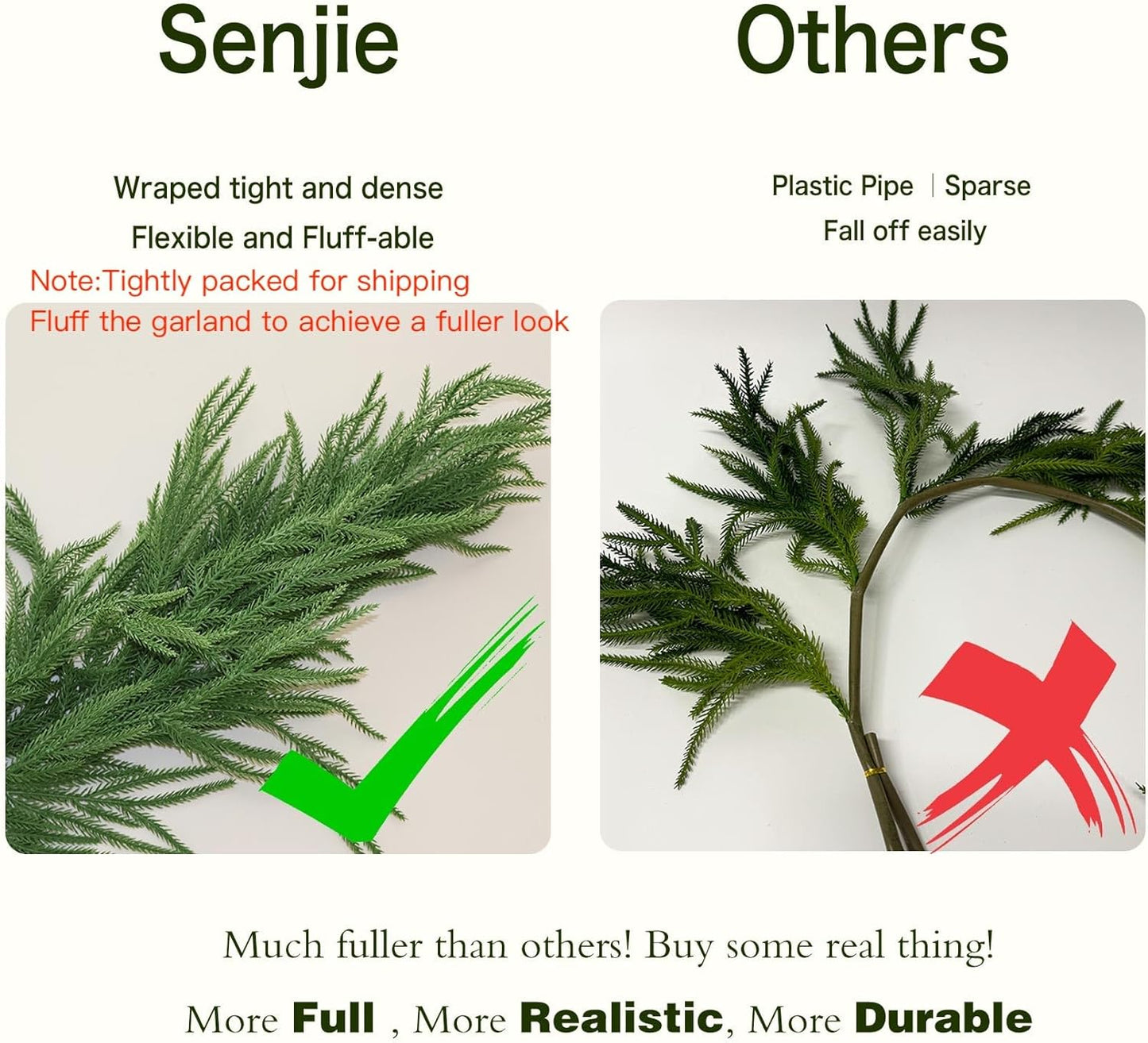 9FT Christmas Garlands Norfolk Pine Garland Real Touch Artificial Faux Greenery Garland for Holiday Indoor Outdoor Decor