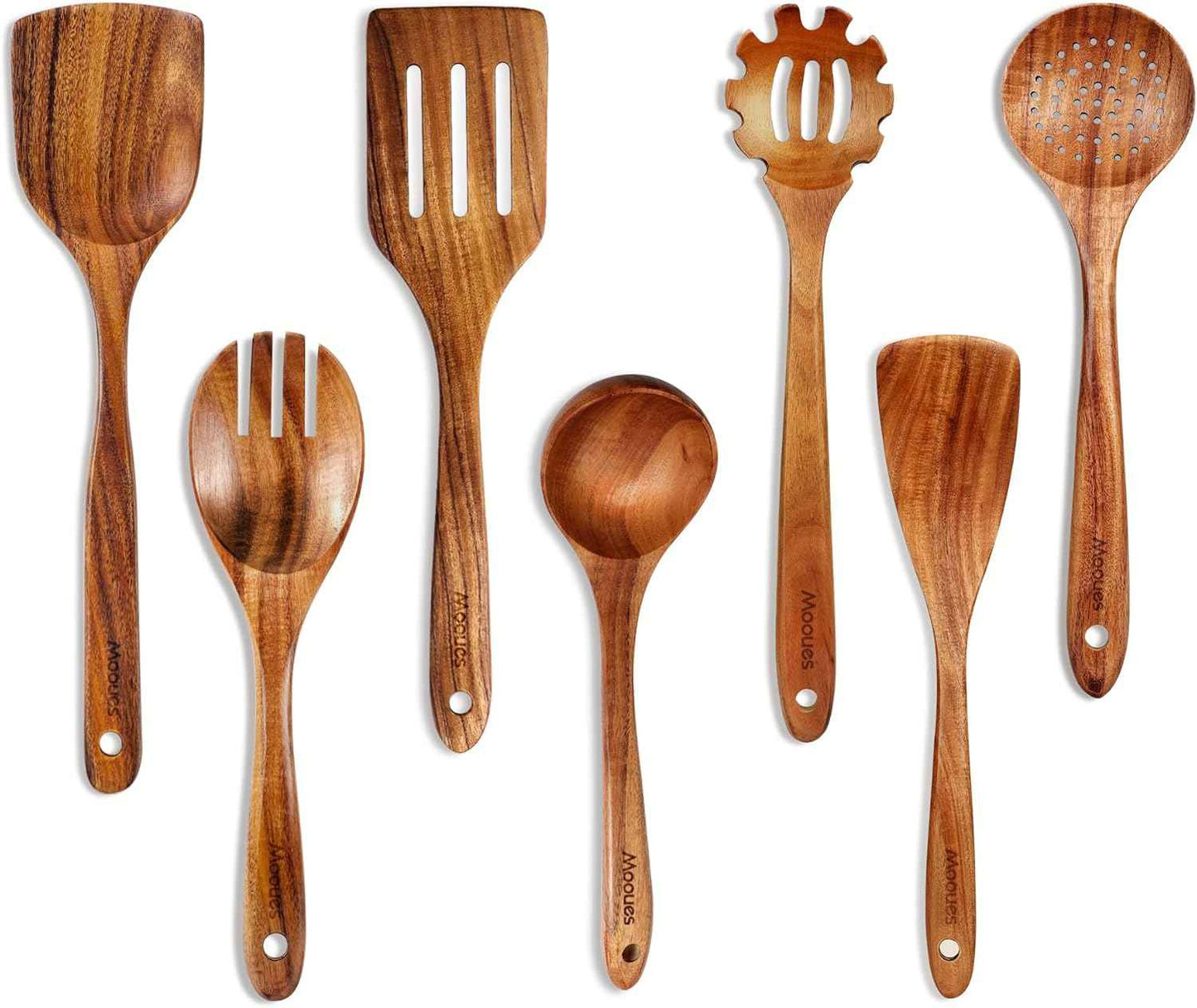 9 Piece Natural Teak Wooden Kitchen Utensil Set with Spoon Rest - Comfort Grip Cooking Spoons and Utensils Holder