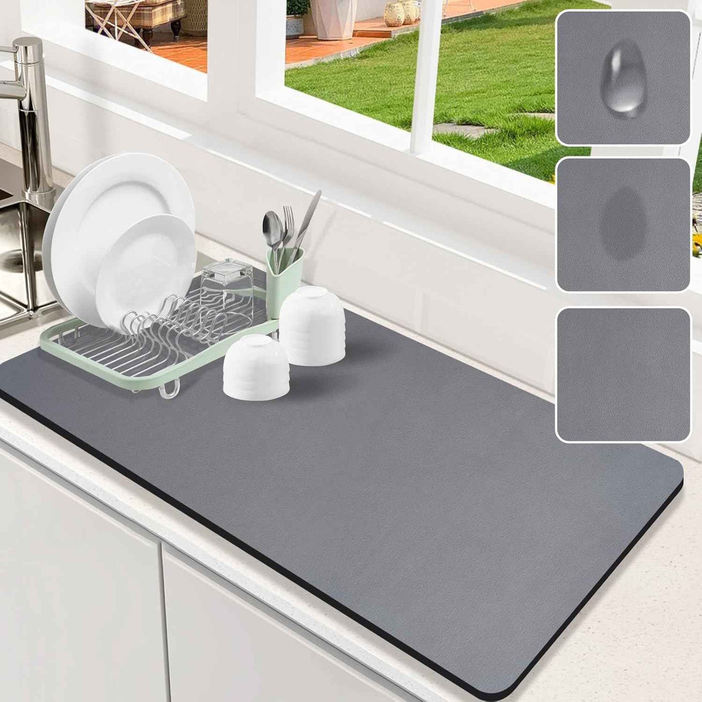 Dish Drying Mat for Kitchen Counter, 12"x19" Dish Drying Pad with Non-slip Rubber Backed, Hide Stain Anti Absorbent for Kitchen Counter, Drying Mat for Coffee Machine Dish Rack (Grey)