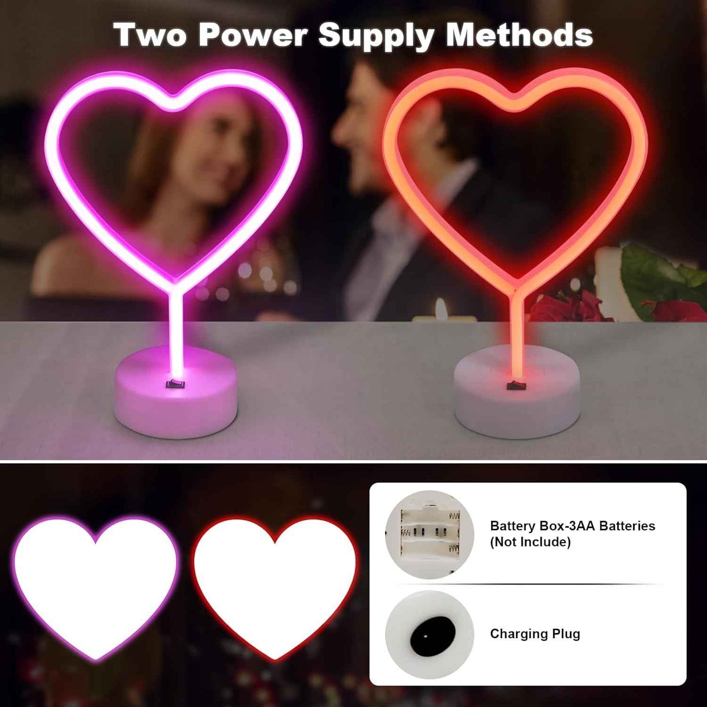 BRIGHTDECK 2 Pack Heart Neon Signs, LED Neon Sign Battery Operated or USB Powered Valentine's Day Decorations, Neon Lights Heart Decor for Valentine's Day Gifts, Wedding, Party, Pink Room Decor