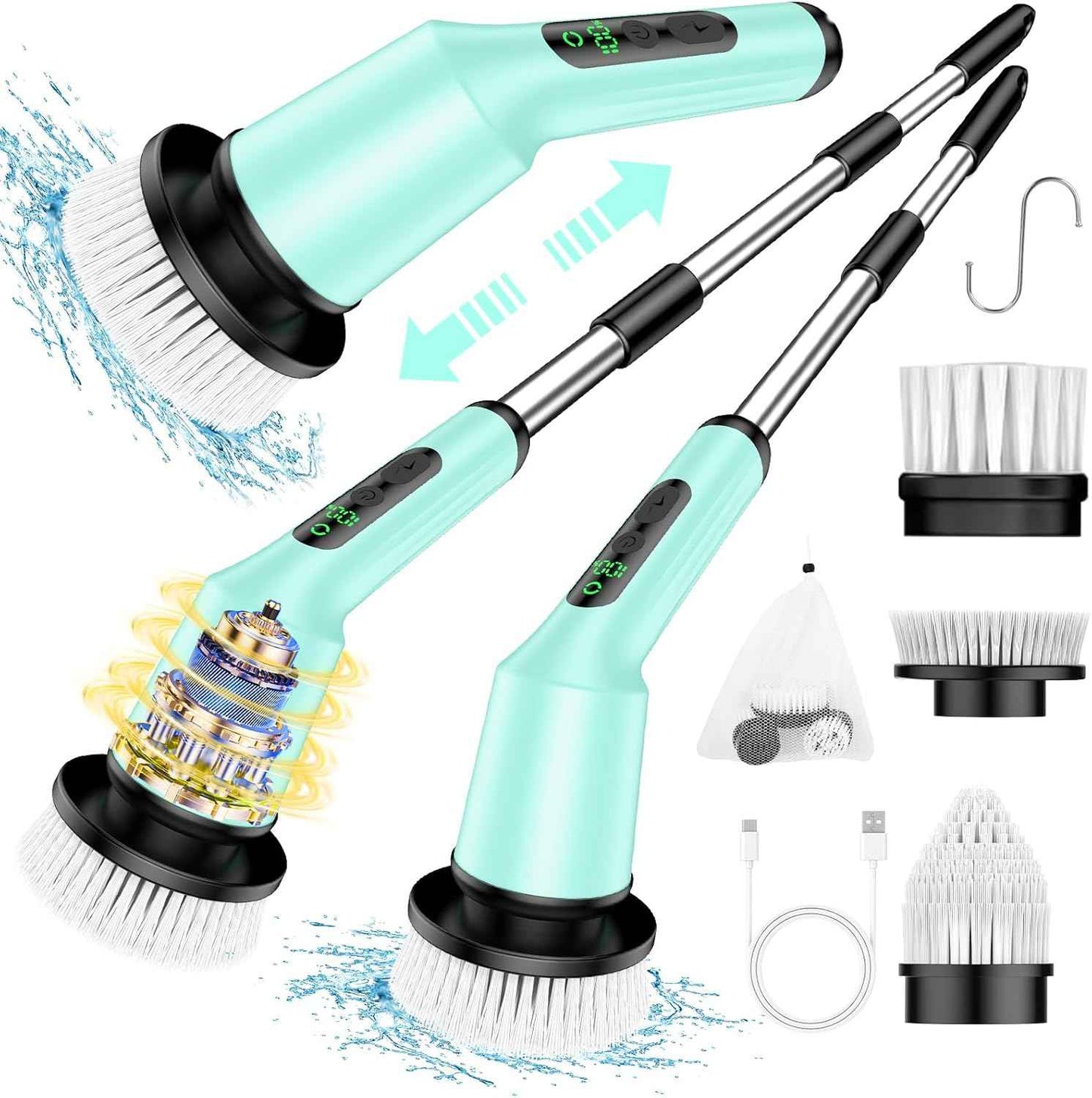 Electric Spin Scrubber for Cleaning Bathroom, Shower Scrubber Cordless Cleaning Brush with IPX7 Waterproof & 2 Speed, 3 Brush Heads, Bathroom Cleaning Supplies for Shower Tub Kitchen Tile Toilet White