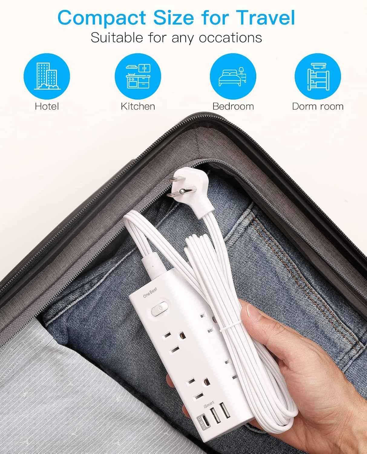 One Beat 10Ft Extension Cord with Multiple Outlets,Flat Plug Power Strip Surge Protector with 10 Ft Long Cord,6 Outlet 4 USB Ports (2USB C),Multi Outlet Wall Plug for Travel,College,Dorm Essentials