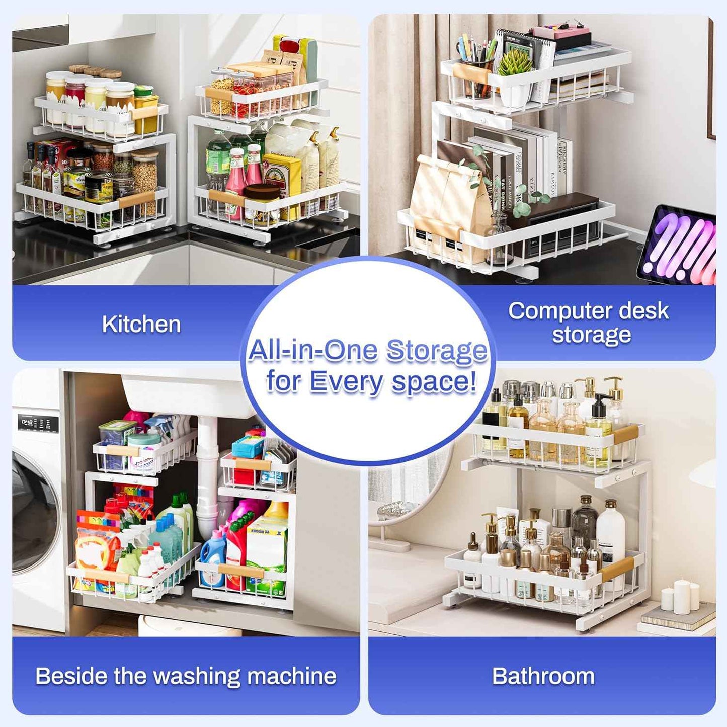 ADBIU Under Sink Organizer, 2 Pack 2 Tier Expandable Height (White, Large Size)