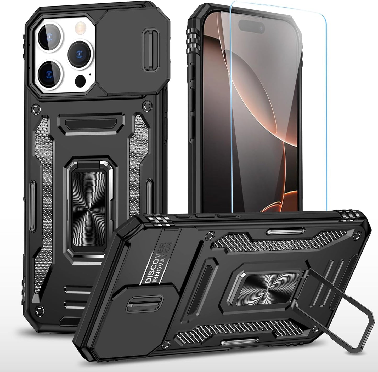 SunStory Phone Case for iPhone 16 6.1" with HD Screen Protector | Slide Camera Cover | Rotated Ring Kickstand | Military-Grade Protection | Red
