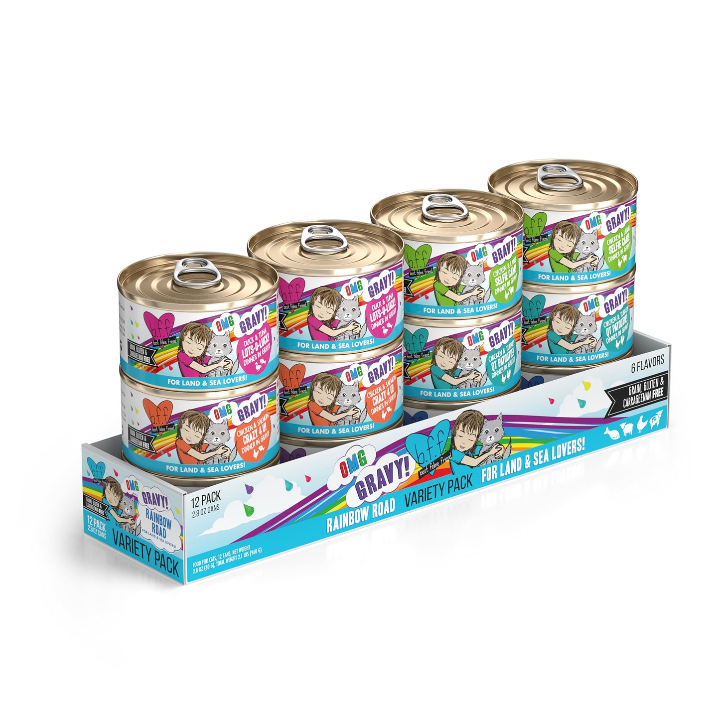 Weruva B.F.F. OMG - Best Feline Friend Oh My Gravy!, Variety Pack, Rainbow Road, Wet Cat Food by, 2.8oz Can (Pack of 12)
