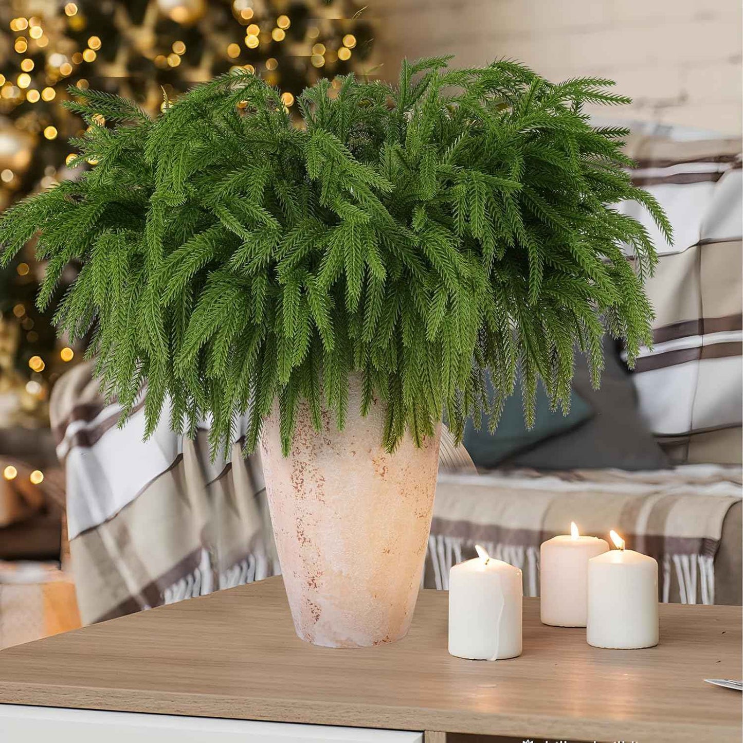 12 Pcs Artificial Norfolk Pine Branches, Norfolk Pine Artificial Pine Stems DIY Crafts Faux Christmas Greenary Norfolk Pine Branches for Xmas Wreath Garland Home Decor (12)