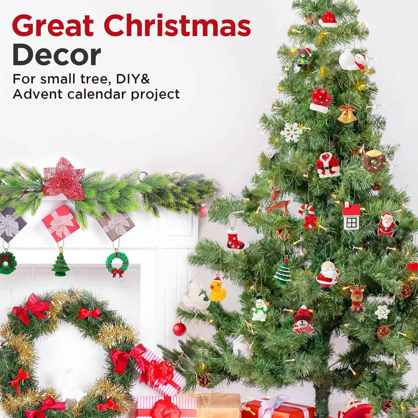 Mini Christmas Ornaments, Sooez Set of 24 Cute Miniature Resin Christmas Tree Ornament Figures Advent Calendar Fillers, Durable & Well-Crafted 3-D Figurines with Gold Loops for Easy Hanging