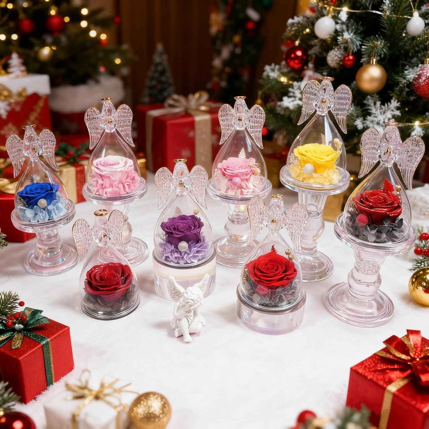 Sunia Valentines Day Rose Gifts for Women, Birthday Gifts for Mom Grandma, Forever Preserved Flower in Glass Angel Figurines Flowers for Delivery Prime, Mothers Day Real Roses for Her Wife