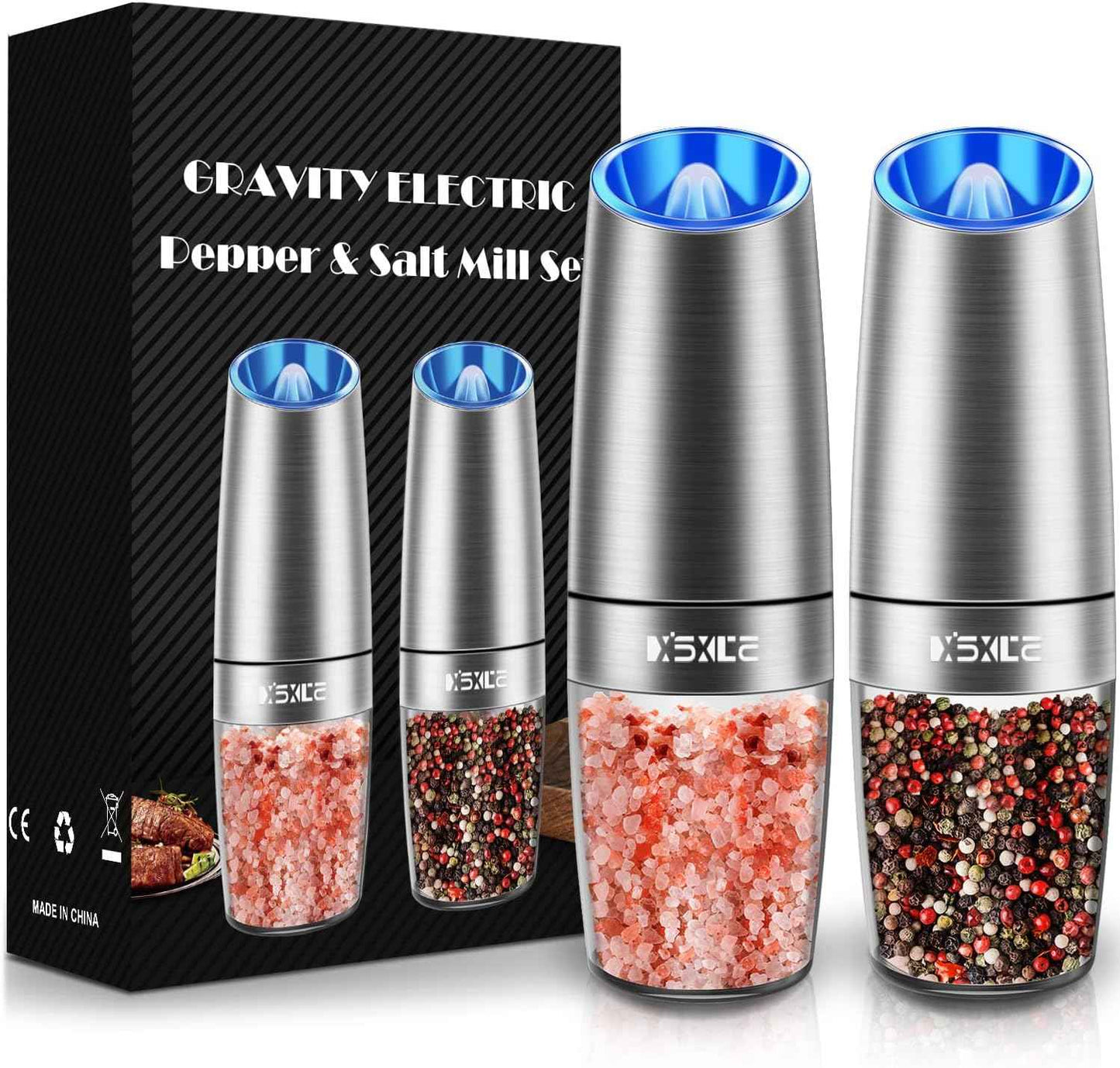XinXu Gravity Electric Pepper and Salt Grinder Set, Adjustable Coarseness, Battery Powered with LED Light, One Hand Automatic Operation, Black -2 Pack