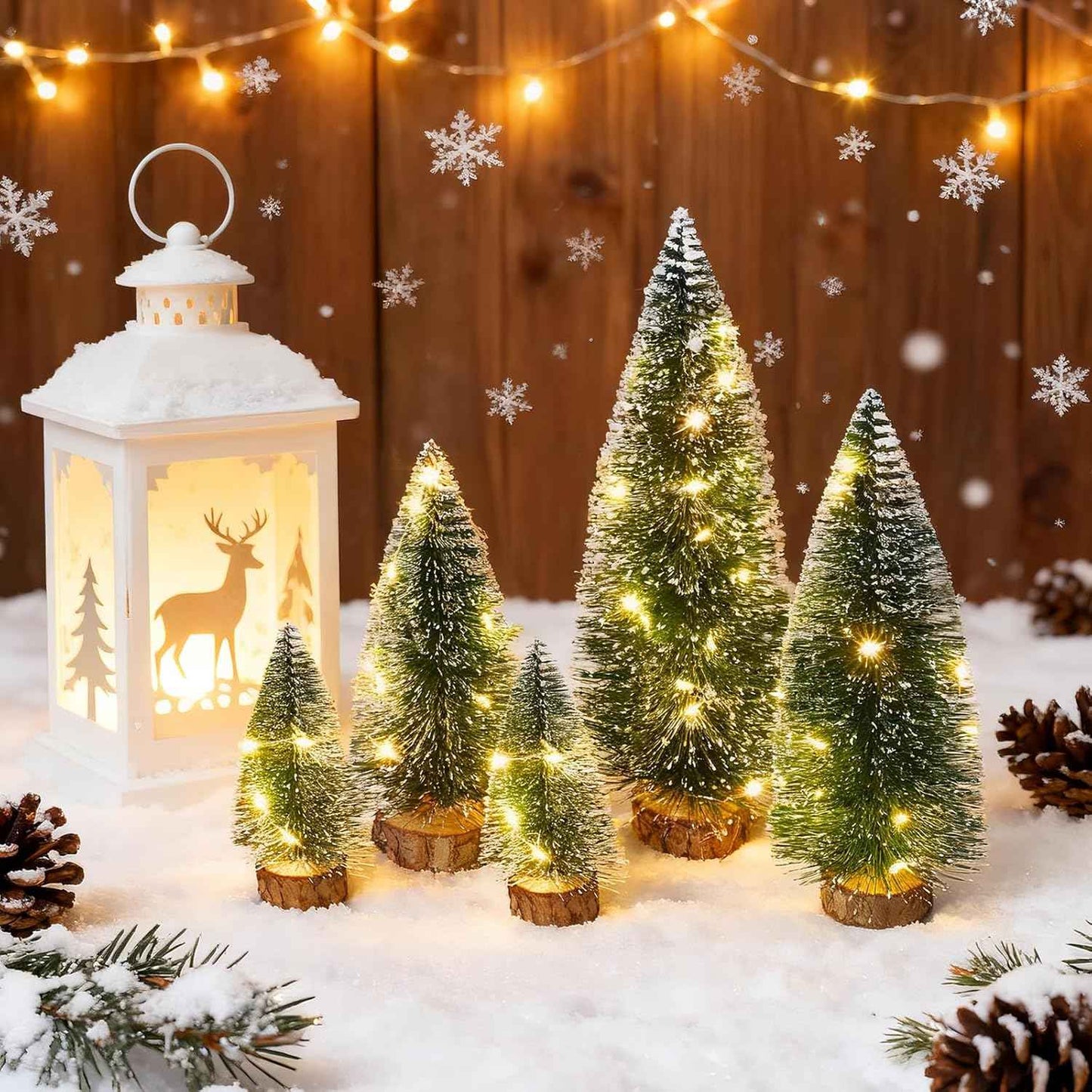 Mini Christmas Tree with Lights, Small Table Top Decorations, Desktop Miniature Pine Tree Xmas Holiday Decor Indoor Home, Bottle Brush Trees with Wooden Base, 5 Pcs with Light