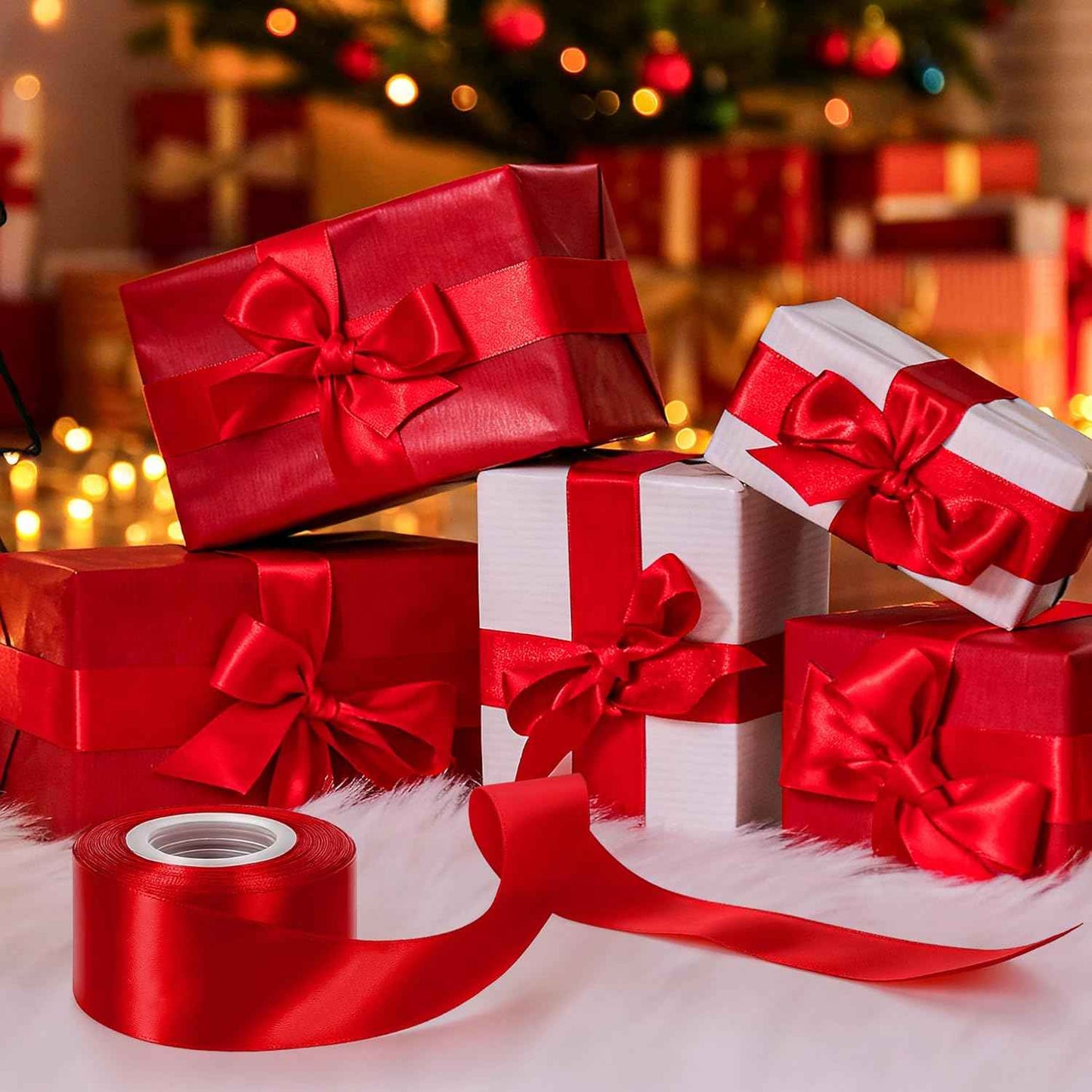 Fullive Red Ribbon 1 1/2 Inch, 30 Yards Red Ribbon for Gift Wrapping, Polyester Satin Christmas Ribbon for Wedding Xmas Tree Valentines Day Decorations DIY Bows Wrapping Bouquet Floral Arrangements