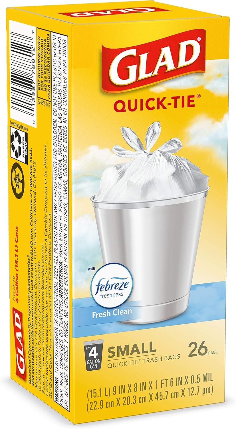 Glad Small Trash Bags 4 Gallon, Febreze Fresh Clean Garbage Bags, Odor Resistant with Quick Tie, 26 Count - Rayz Mart