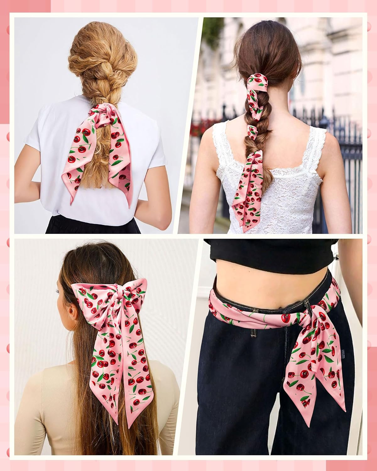 Mesovor Cherry Head Scarf Hair Neck Scarves for Women, Fashion Purse Bag Scarfs | Long Thin Satin Headscarf Headbands