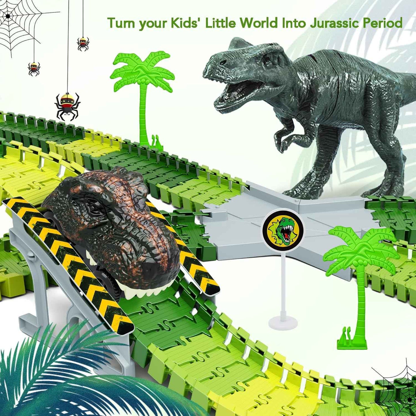 Dinosaur Toys,Create A Dinosaur World Road Race,Flexible Track Playset and 2 pcs Cool Dinosaur car for 3 4 5 6 Year & Up Old boy Girls Best Gift