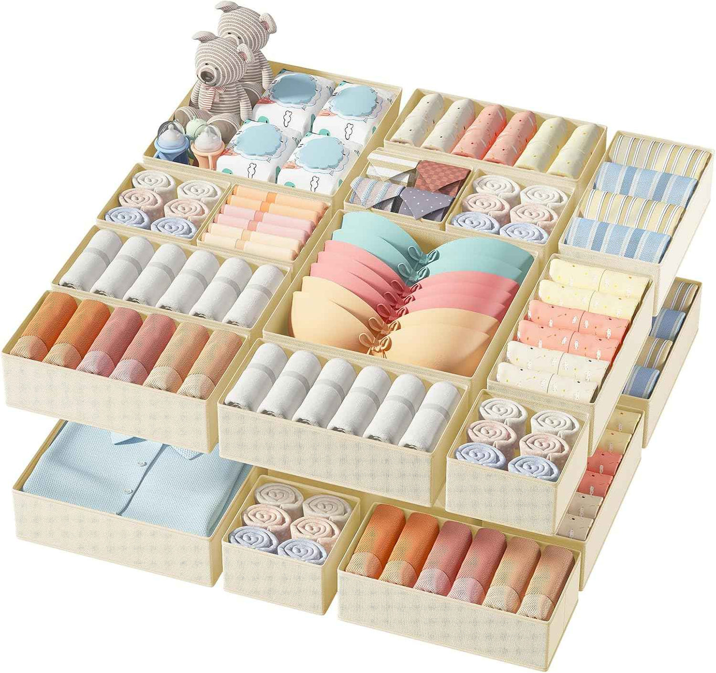 DIMJ Drawer Organizer Clothes, 12 Pack Dresser Organizer, Foldable Closet Organizers and Storage, Fabric Dresser Bins, Drawer Dividers for Nursery, Baby Clothes, Underwears, Sock (Beige)