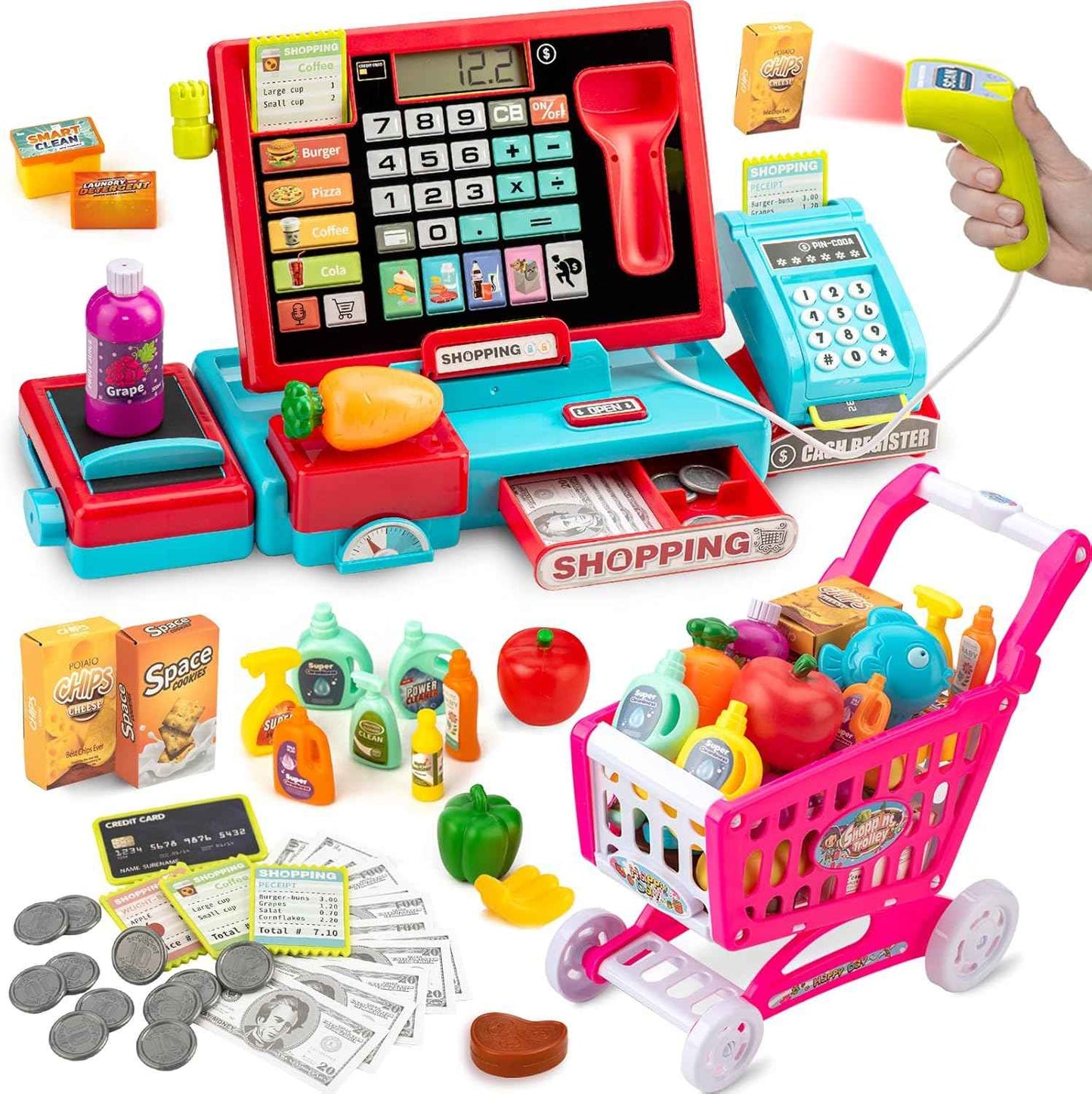 Kids Cash Register Toy with Shopping Cart Toddler Pretend Play Store Cashier Register for Kids with Music / Real Calculator / Scanner Learning Toys for Girls Birthday Gift for 3-8 Year Old Girl