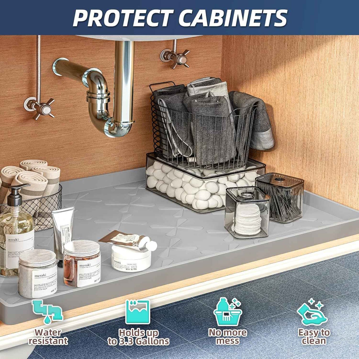 SIKADEER 34" x 22" Under Sink Mat Waterproof, Silicone Mat Kitchen Drawer Shelf and Cabinet Liner, Sink Protector for Kitchen Organizers and Storage, Boot Tray Pet Food Mats