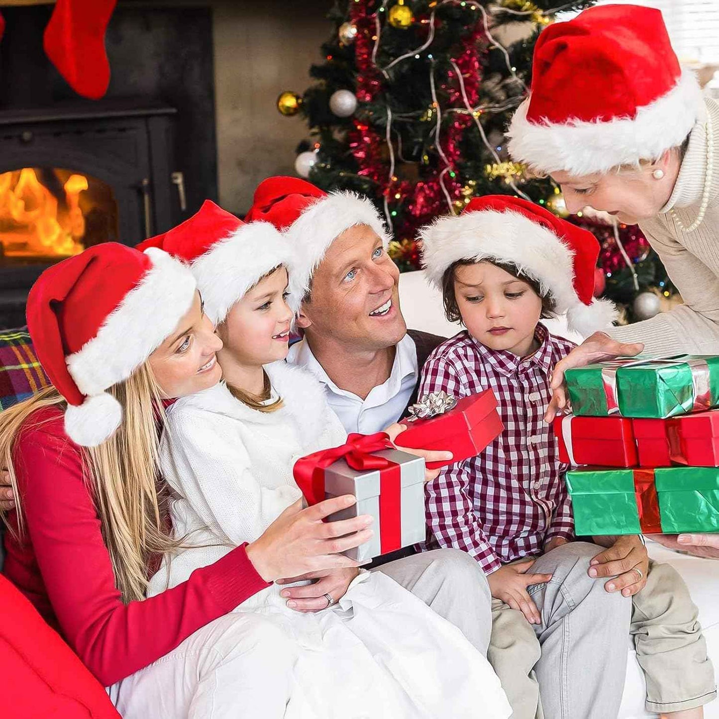 2pcs Fluffy Red Santa Hats Set with Plush Brim and Liner for Adults Men Women - Christmas, New Year Party Supplies & Gifts