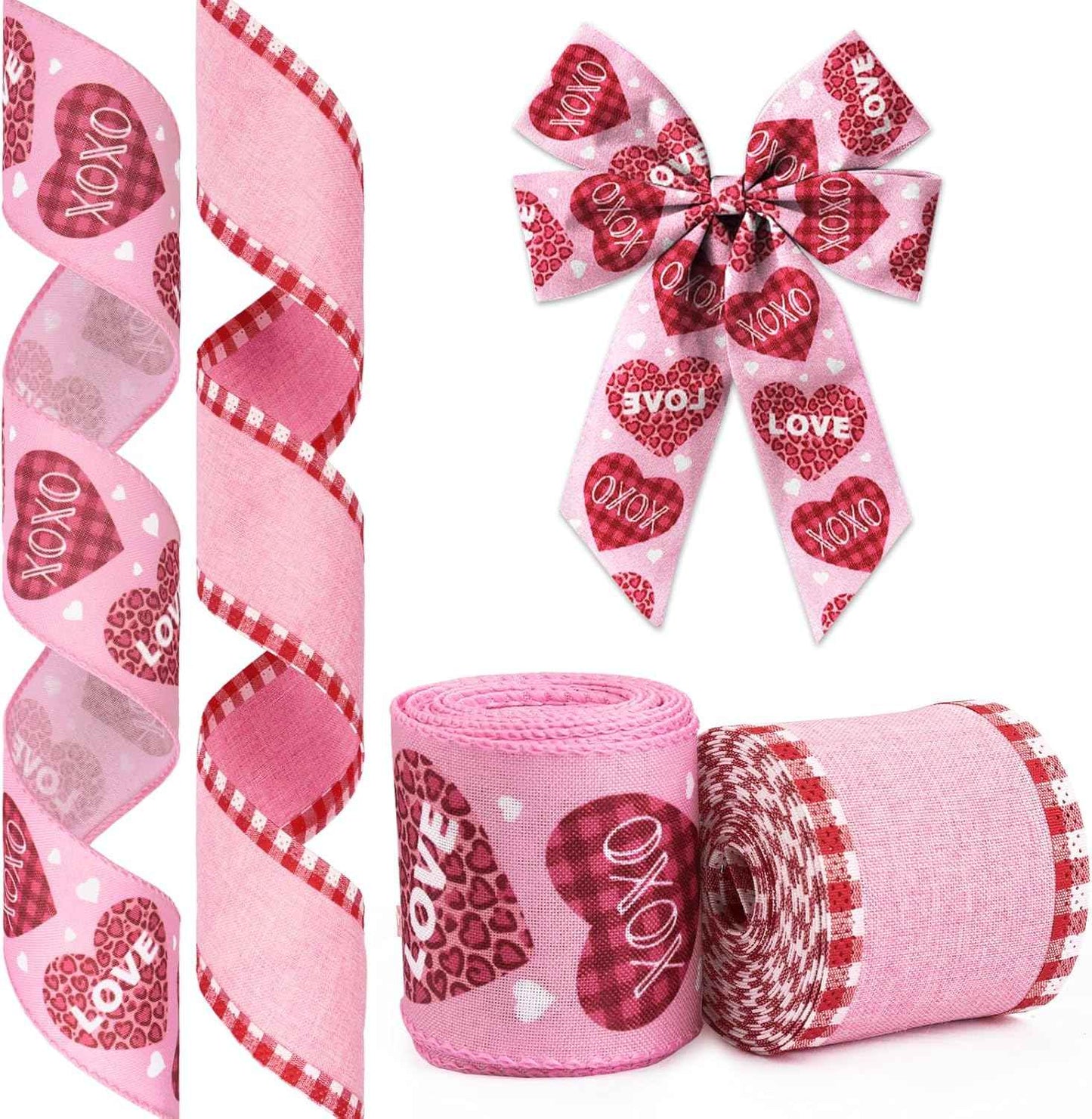 Valentine's Day Ribbon for Wreath Bow Wrapping Gifts, Plaid Red Hearts Patterned Ribbon 2.5" X 10 Yard Wired