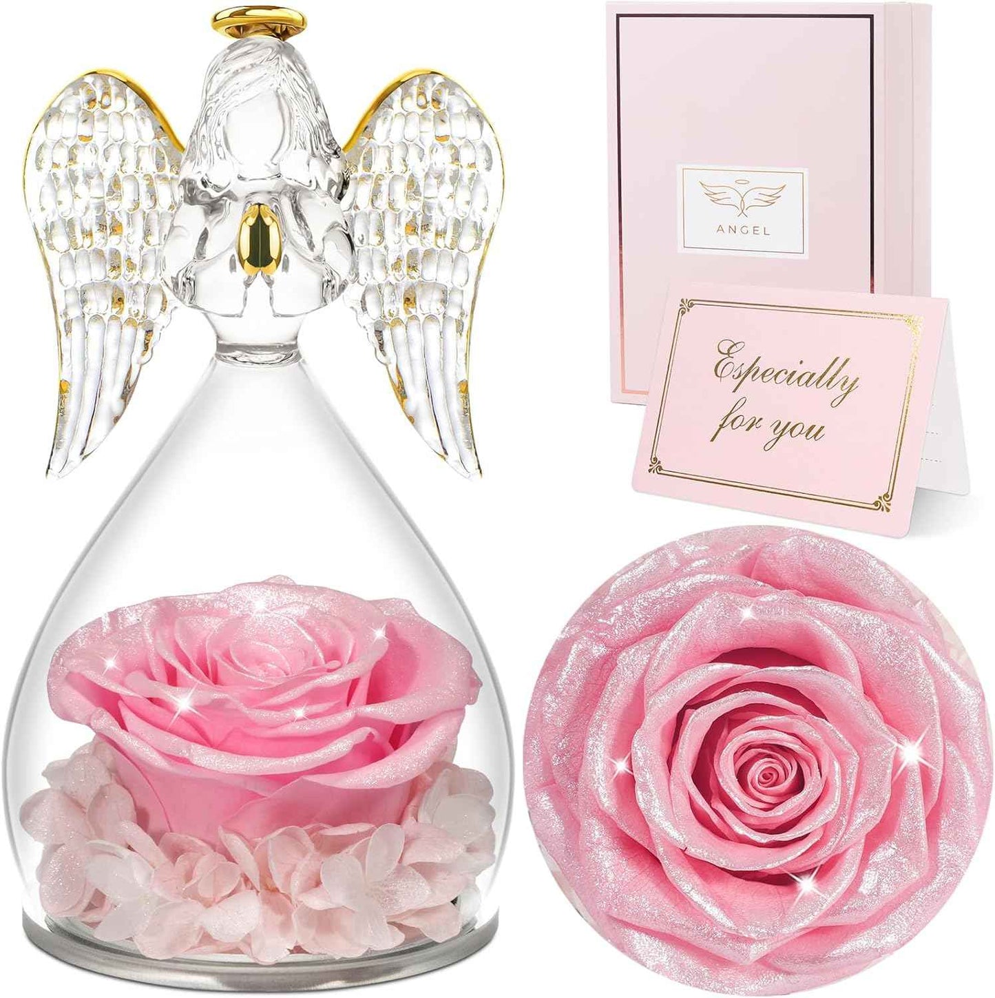 Sunia Valentines Day Rose Gifts for Women, Birthday Gifts for Mom Grandma, Forever Preserved Flower in Glass Angel Figurines Flowers for Delivery Prime, Mothers Day Real Roses for Her Wife