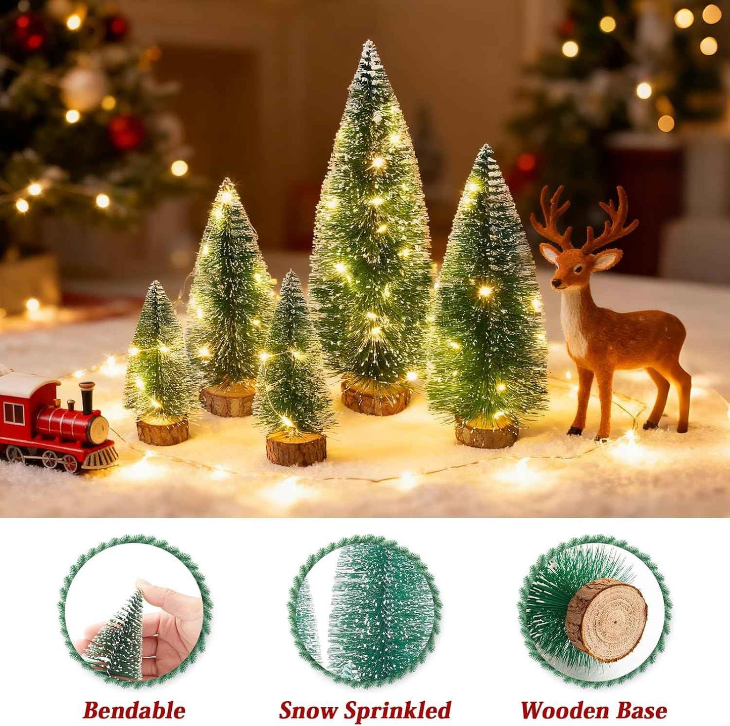 Mini Christmas Tree with Lights, Small Table Top Decorations, Desktop Miniature Pine Tree Xmas Holiday Decor Indoor Home, Bottle Brush Trees with Wooden Base, 5 Pcs with Light