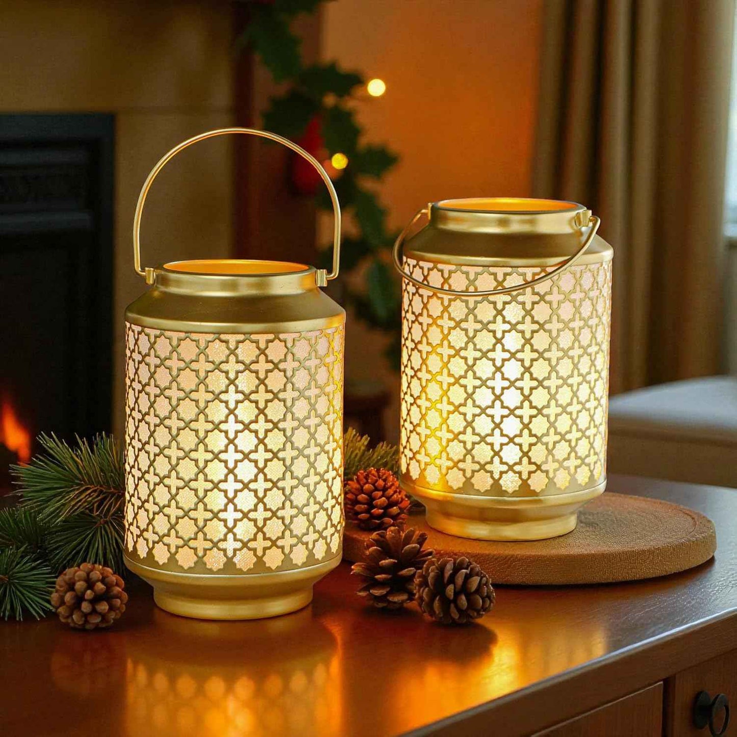 TRIROCKS Christmas Candle Lantern 7" H Etched Metal Candle Holder Christmas Decorations for Living Room Kitchen Tabletop Parties Patio Outdoors Indoors(3PCS;Bronze House)