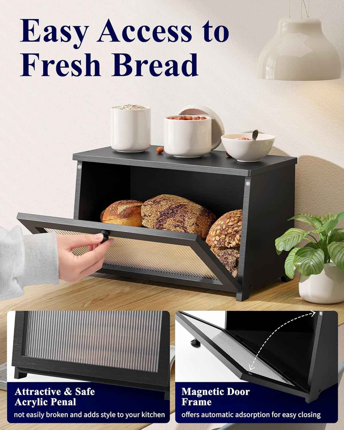 Kitsure Bread Box - Wooden Bread Box for Kitchen Countertop, Large Capacity Kitchen Countertop Organizer, Stylish Bread Storage with Window, Multi-functional Container, Black, 15.0"x8.3"x9.1" (1T)