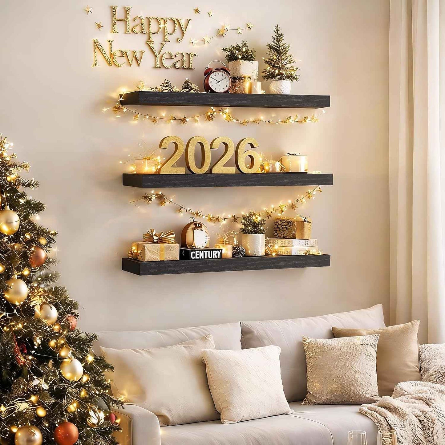 BAYKA Floating Shelves for Wall, Wall Mounted Rustic Wood Shelves for Bathroom, Bedroom, Living Room, Kitchen, Hanging Shelf for Books/Storage/Room Decor with 22lbs Capacity (Black, Set of 3, 15.7in)